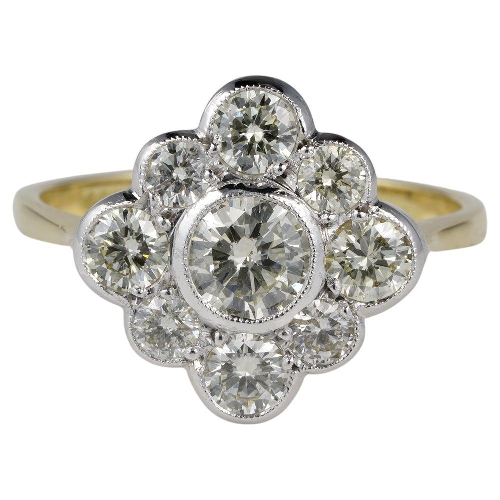 Edwardian Style 1.60 Ct Diamond Platinum 18 KT Cluster Ring For Sale