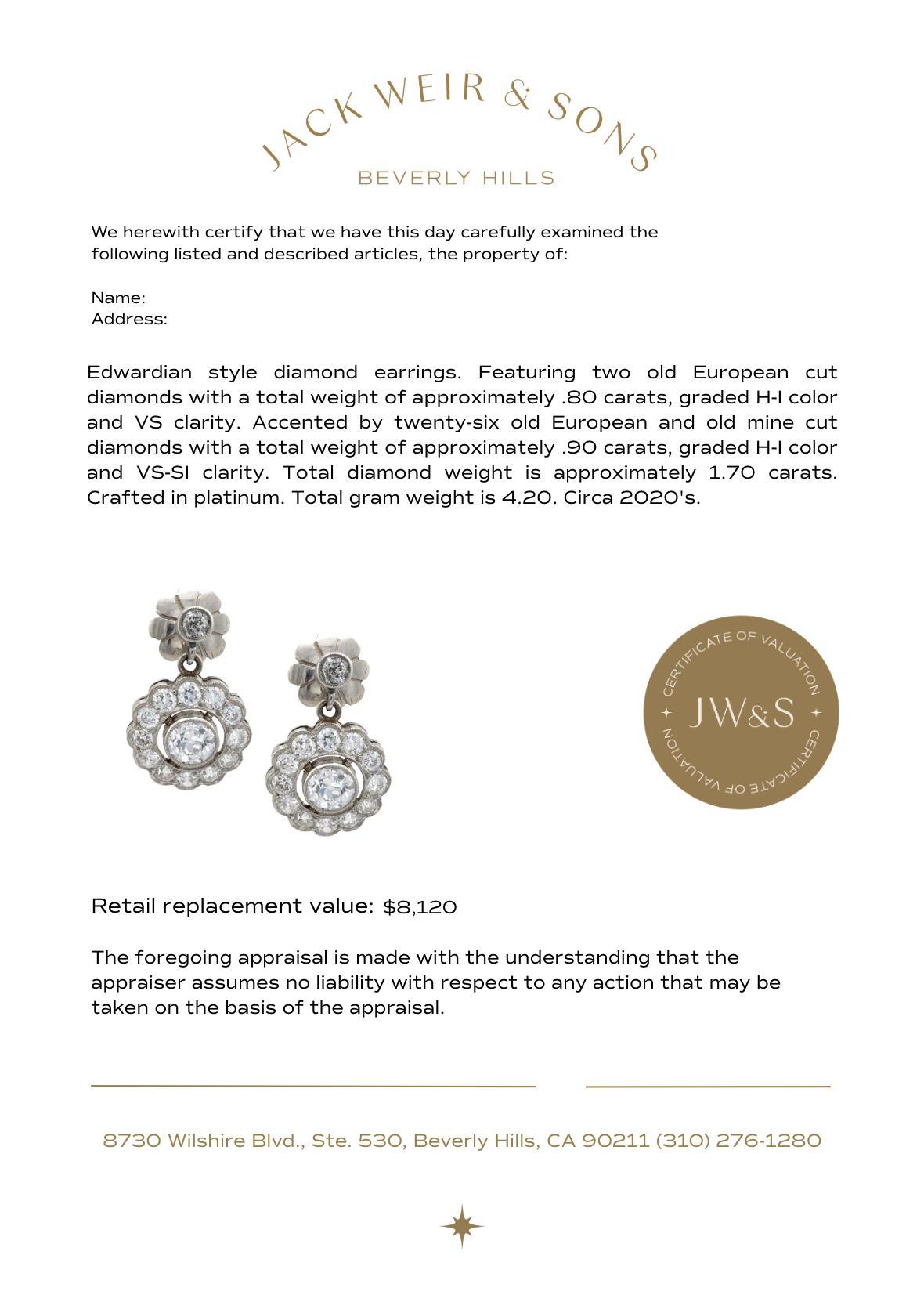 Pendientes flor de diamantes en platino estilo eduardiano de 1,70 quilates de peso total en venta 1