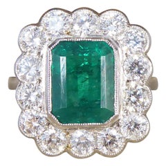 Edwardian Style 1.85 Carat Emerald and Diamond Cluster Ring in Platinum