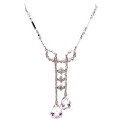 Edwardian Style 23.72ct Kunzite with Diamonds Drop Necklace 18k White Gold