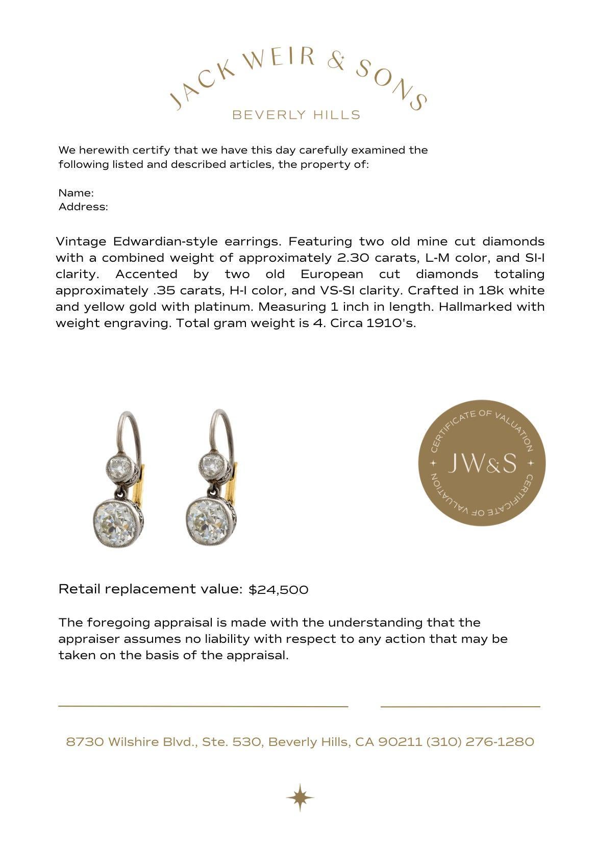 Edwardian style 2.65 carat diamond 18k gold and platinum drop earrings For Sale 1
