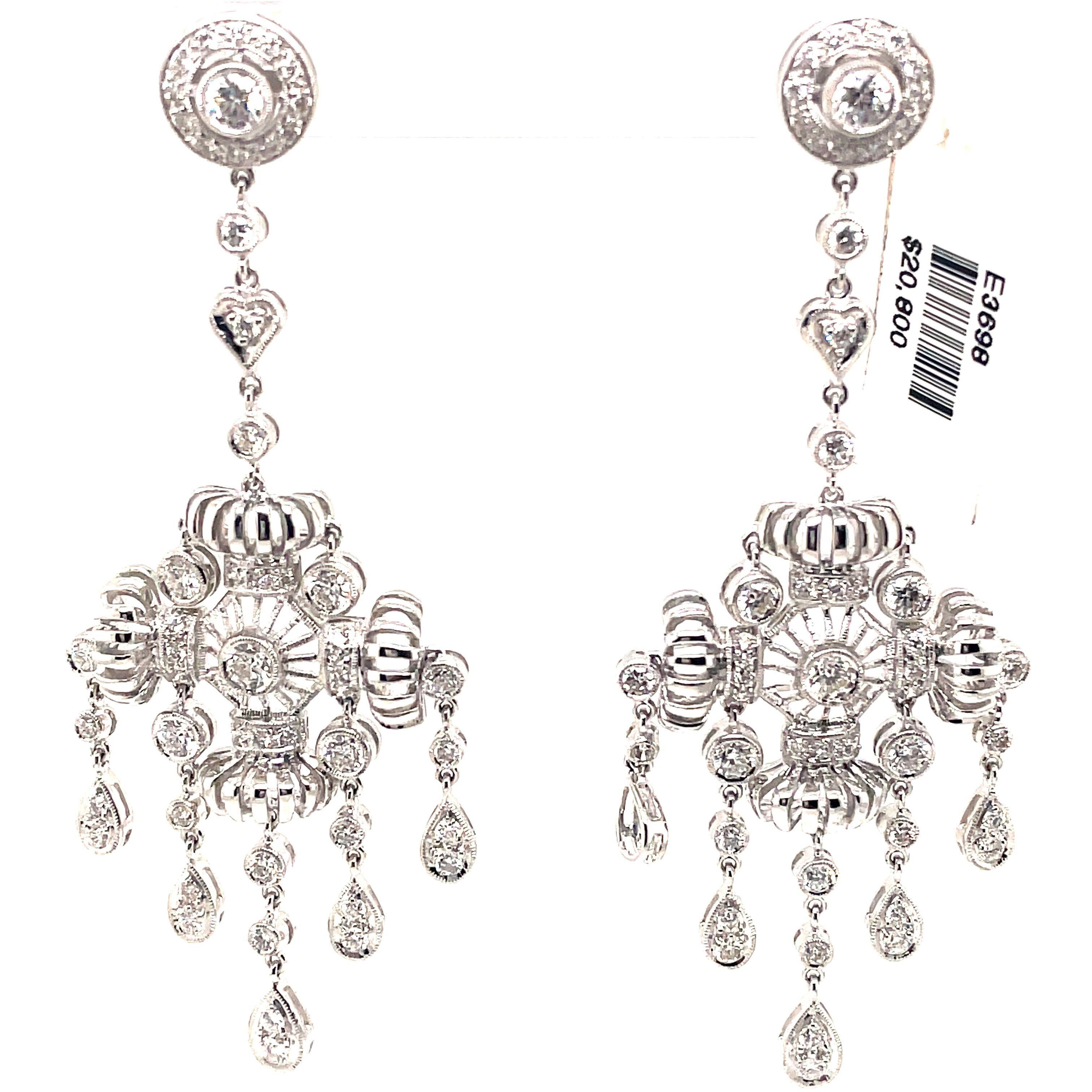 Round Cut Edwardian Style 2.88ct Diamond Chandelier Earrings 18k White Gold For Sale