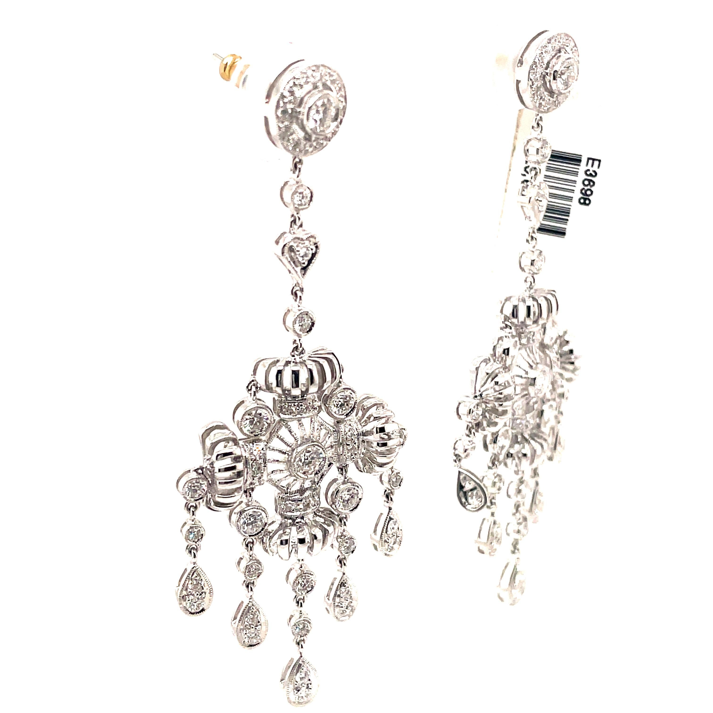 Edwardian Style 2.88ct Diamond Chandelier Earrings 18k White Gold In New Condition For Sale In BEVERLY HILLS, CA