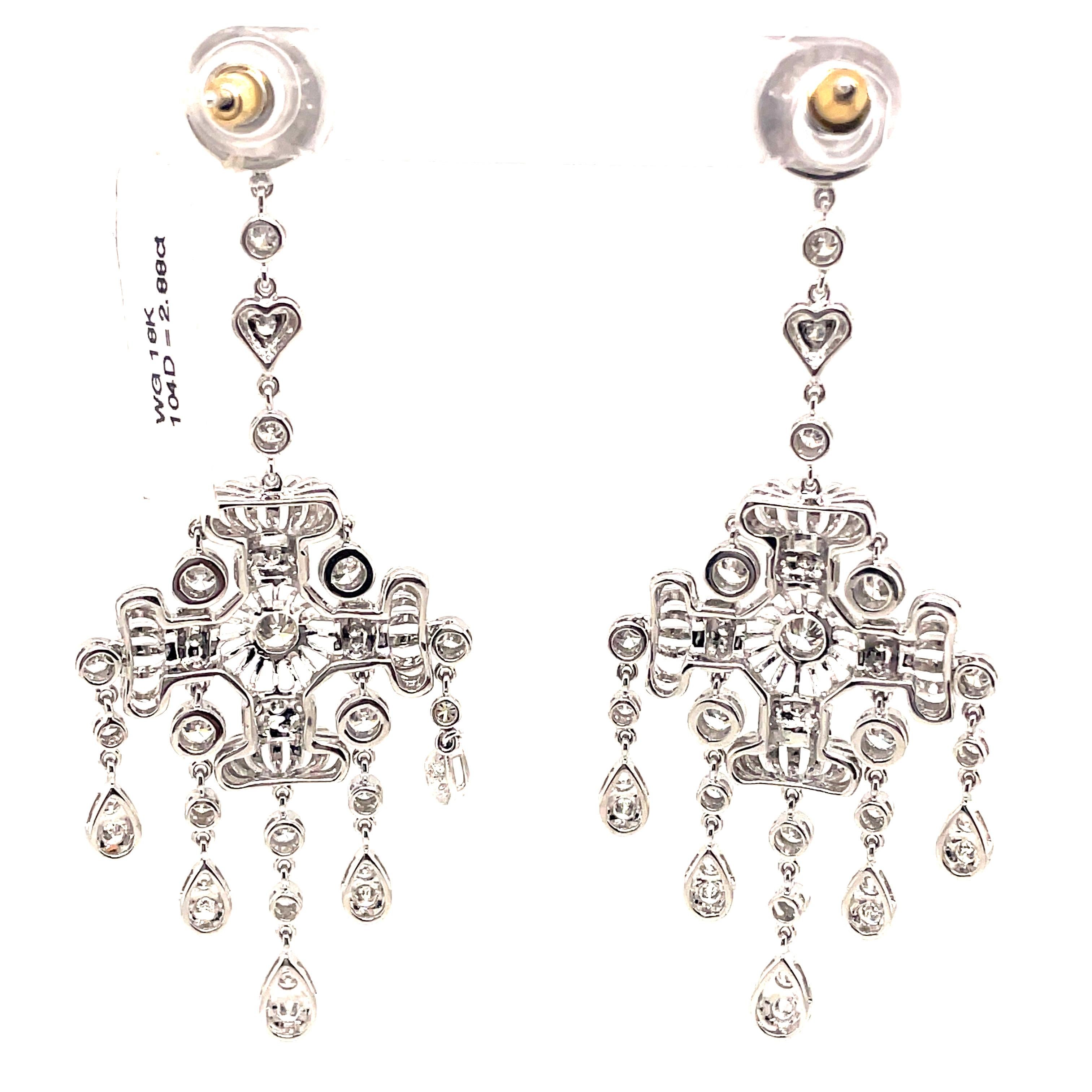 Kronleuchter-Ohrringe im edwardianischen Stil, 2,88 Karat Diamant 18k Weißgold Damen im Angebot
