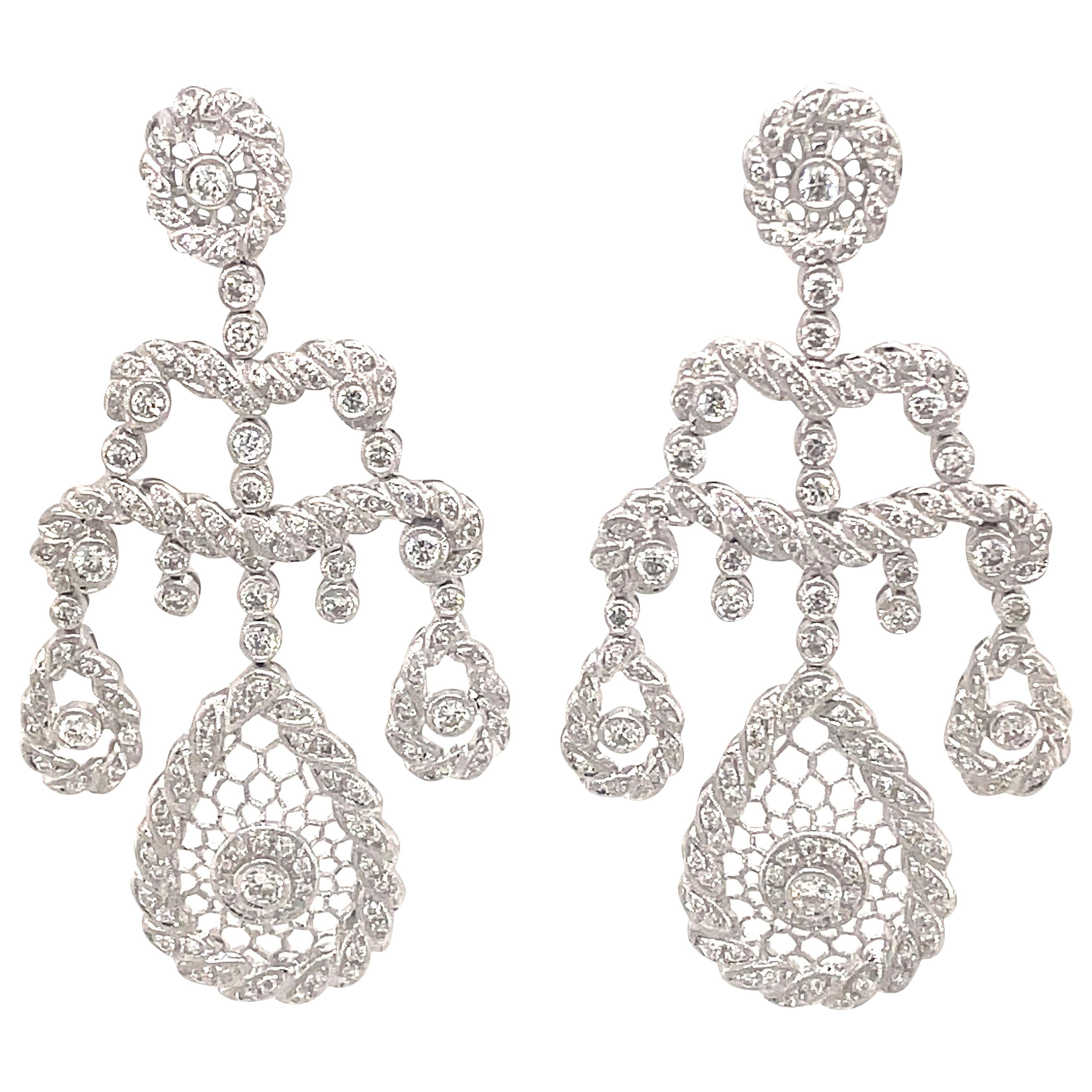 Pendientes araña de diamantes redondos estilo eduardiano 3,06 ct Oro blanco 18k