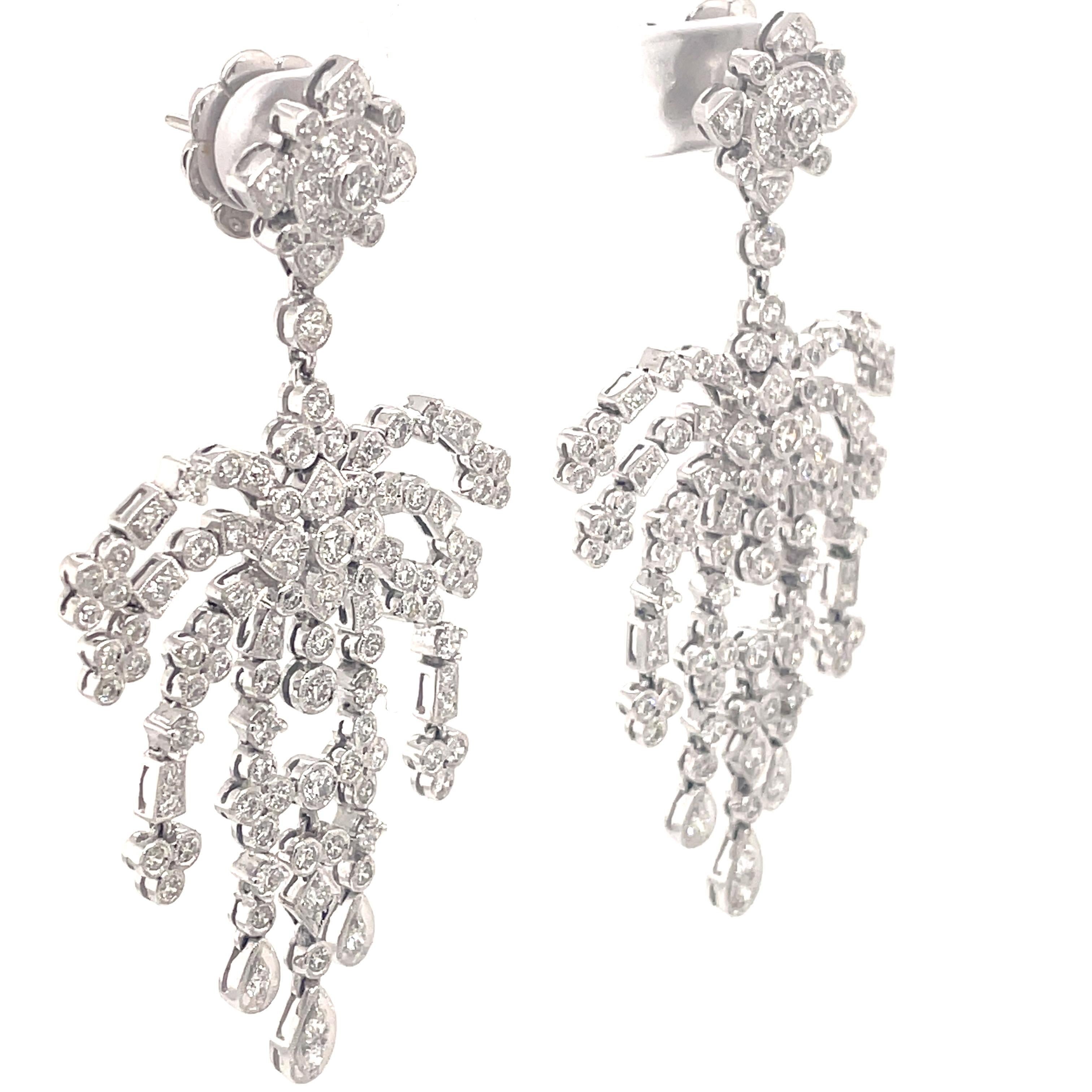 Round Cut Edwardian Style 3.66ct Round Diamond Chandelier Earrings 18k White Gold For Sale