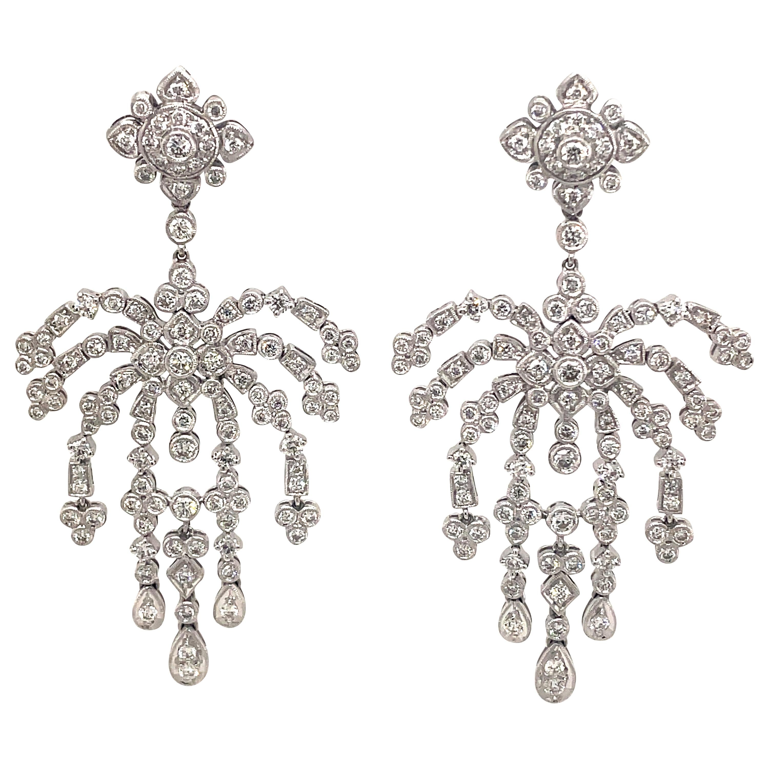 Edwardian Style 3.66ct Round Diamond Chandelier Earrings 18k White Gold For Sale
