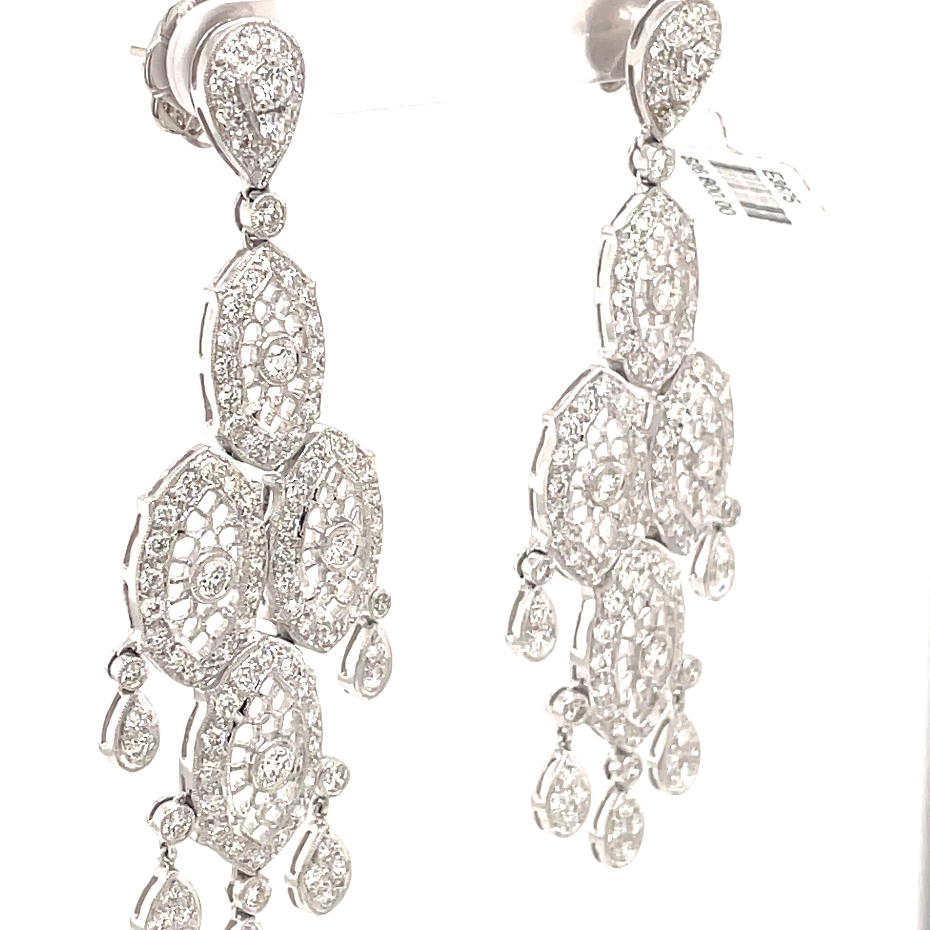 Round Cut Edwardian Style 4.10ct Diamond Chandelier Earrings 18k White Gold For Sale