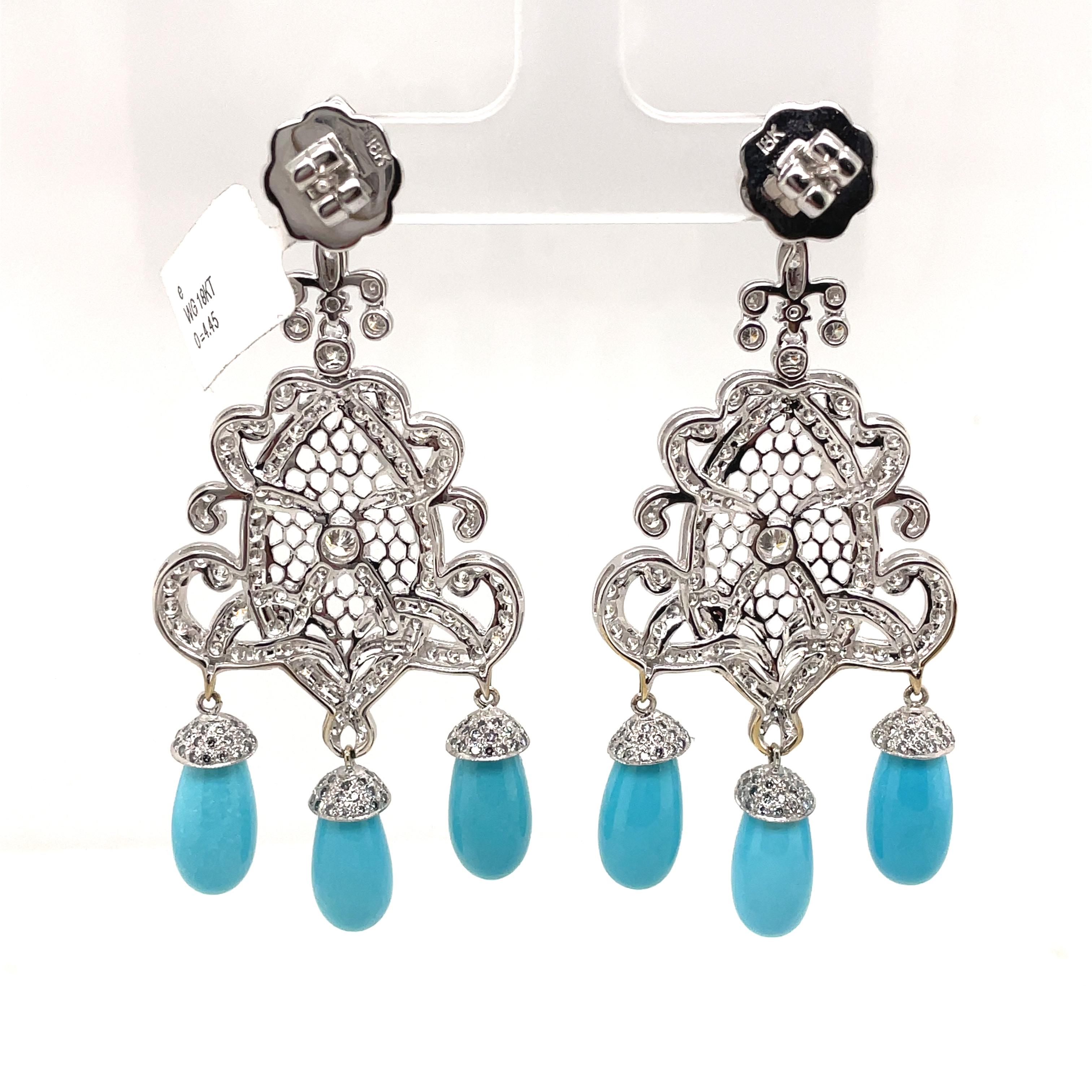 Round Cut Edwardian Style 4.45ct Diamond and Turquoise Chandelier Earrings 18k White Gold For Sale