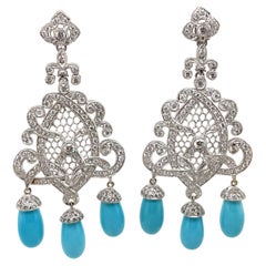 Kronleuchter-Ohrringe im edwardianischen Stil, 4,45 Karat Diamant und Türkis 18k Weißgold
