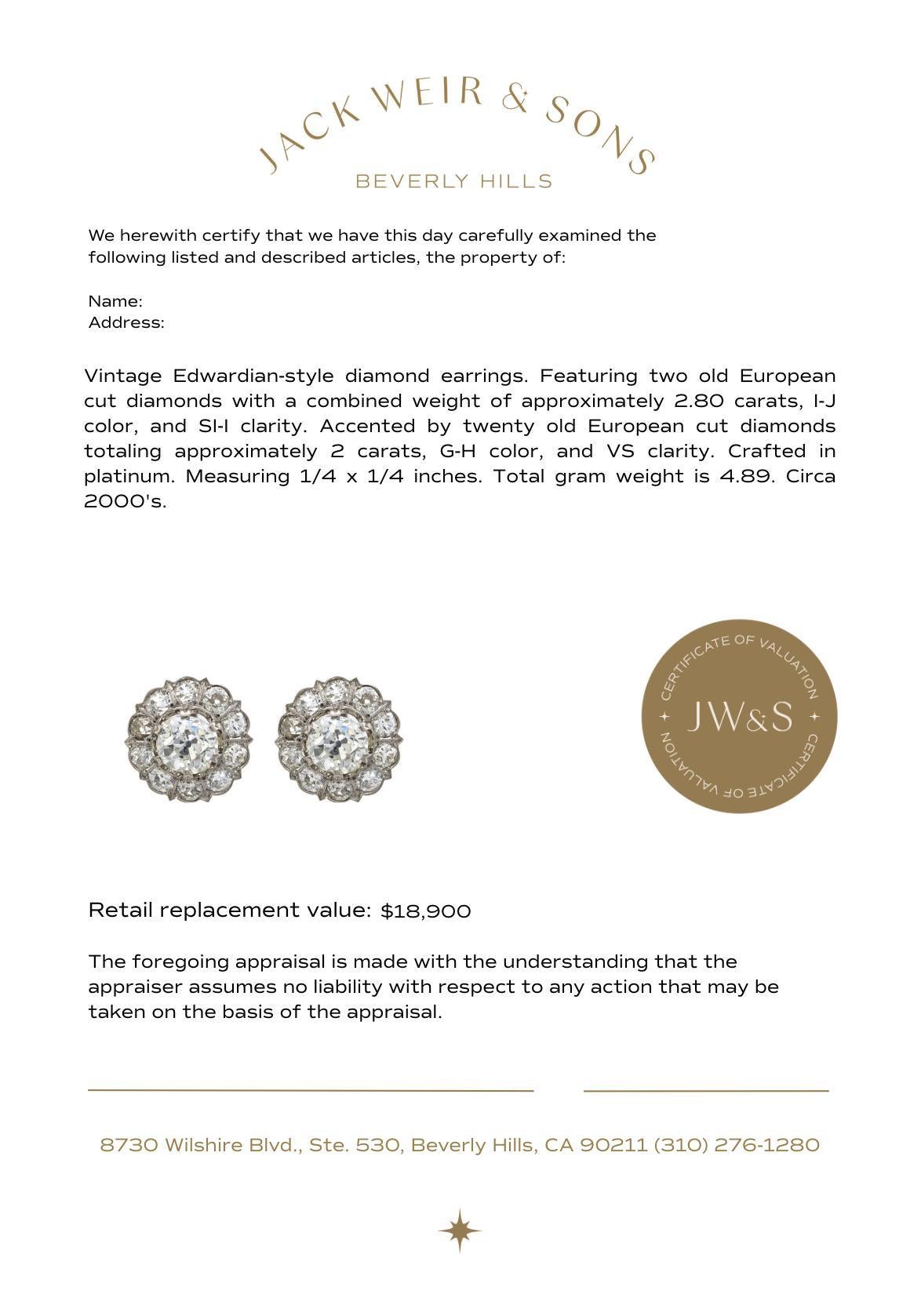 Boucles d'oreilles de style édouardien en platine avec diamants de 4,80 carats en vente 2