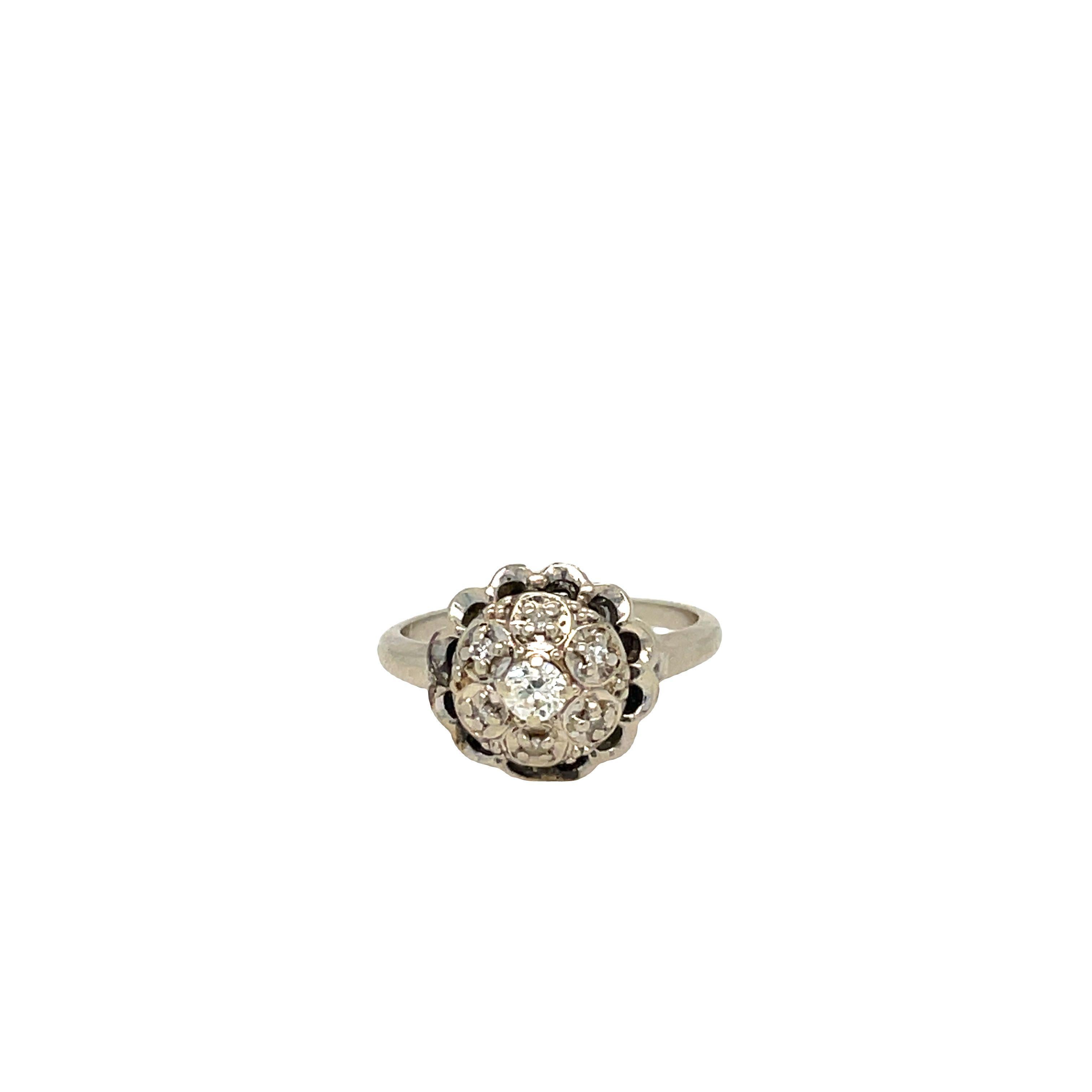 Women's Edwardian 7 Diamond Cluster Ring with Scalloped Setting in 14k White Gold For Sale