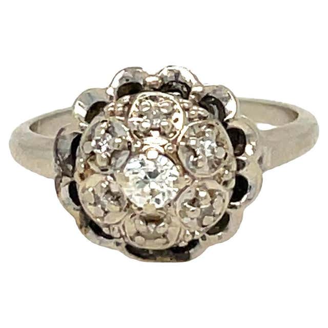 Round Diamond Floral Cluster Three Stone Halo Ring Set in 14k White ...