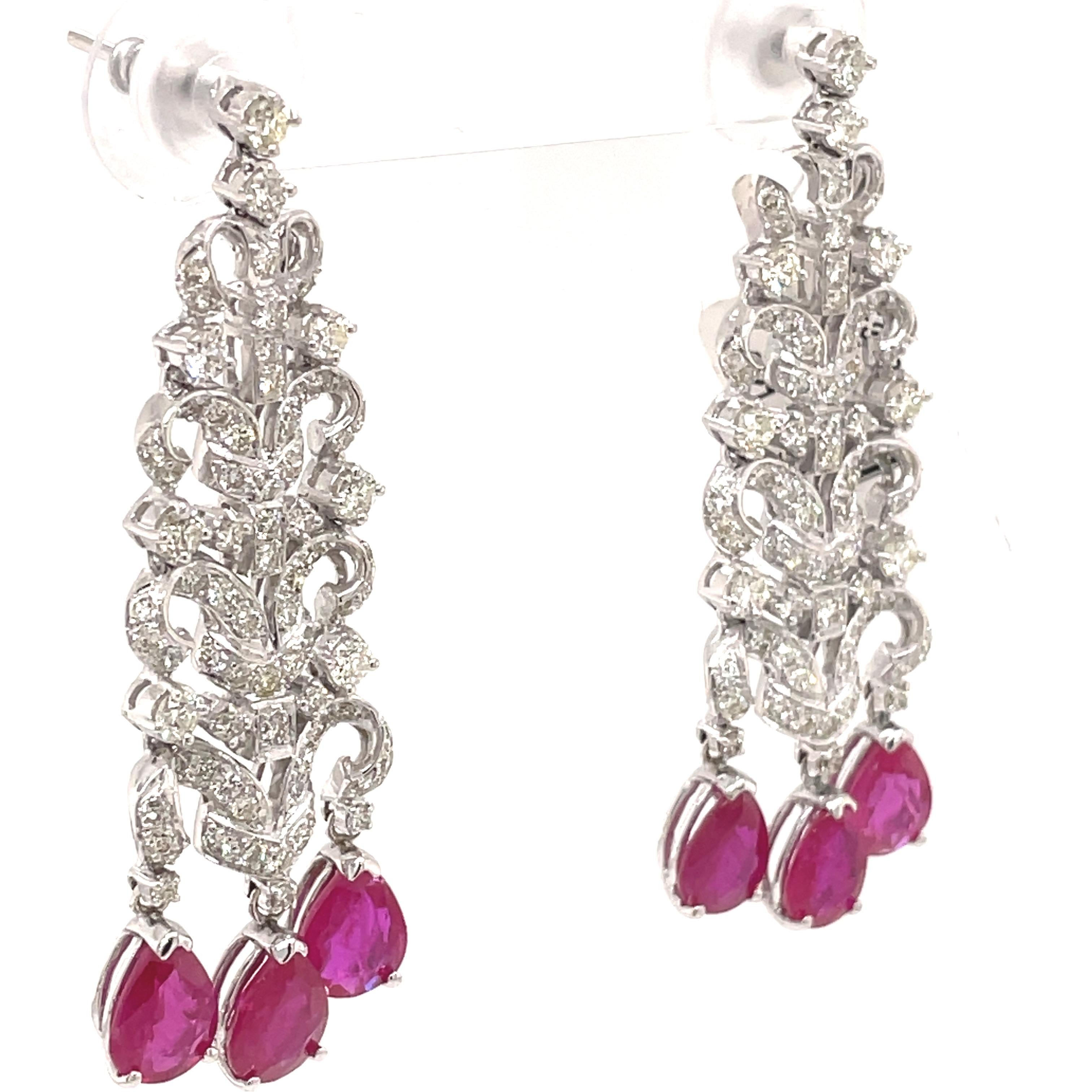 Pear Cut Edwardian Style 7.12ct Ruby with Diamond Chandelier Earrings 18k White Gold For Sale