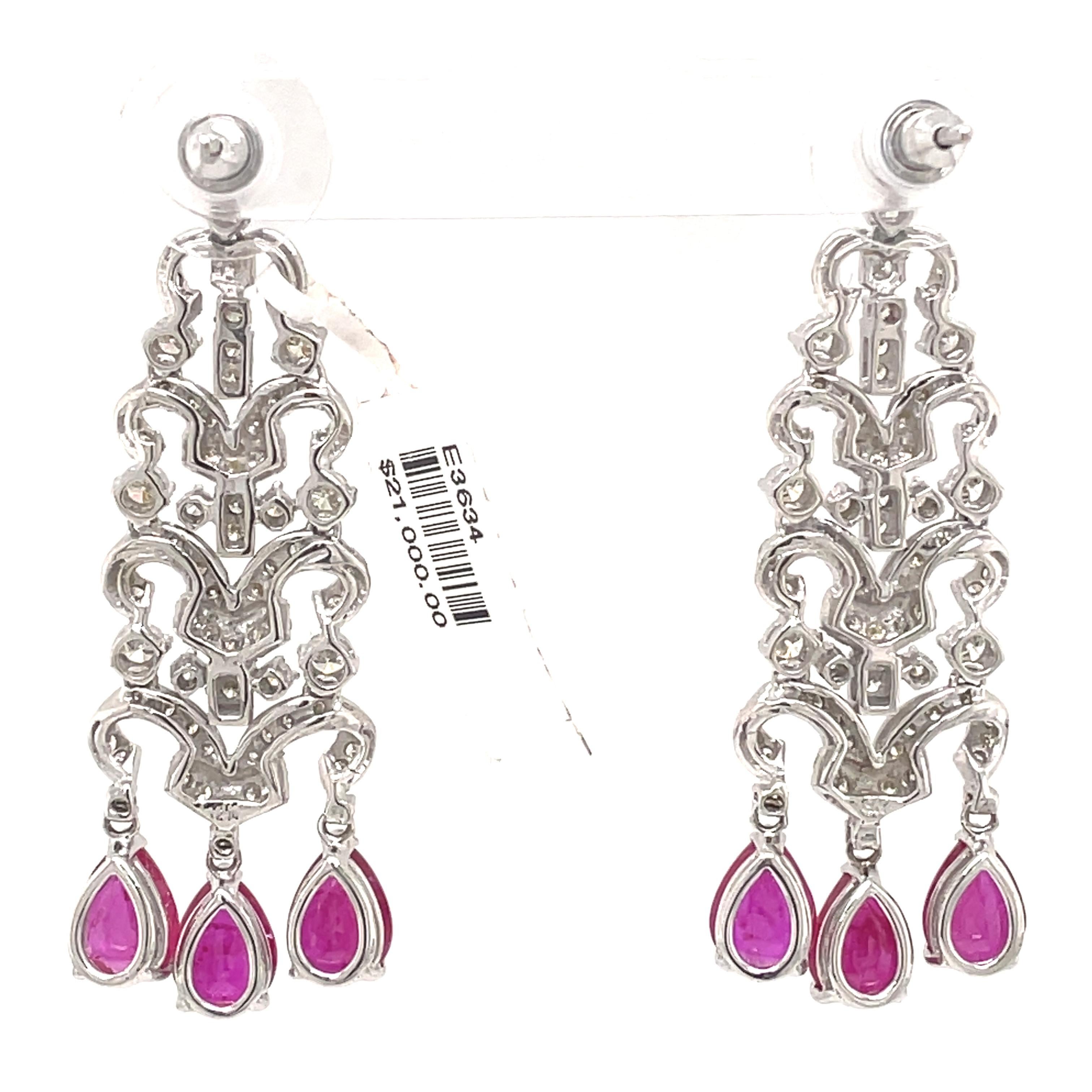 Women's Edwardian Style 7.12ct Ruby with Diamond Chandelier Earrings 18k White Gold For Sale