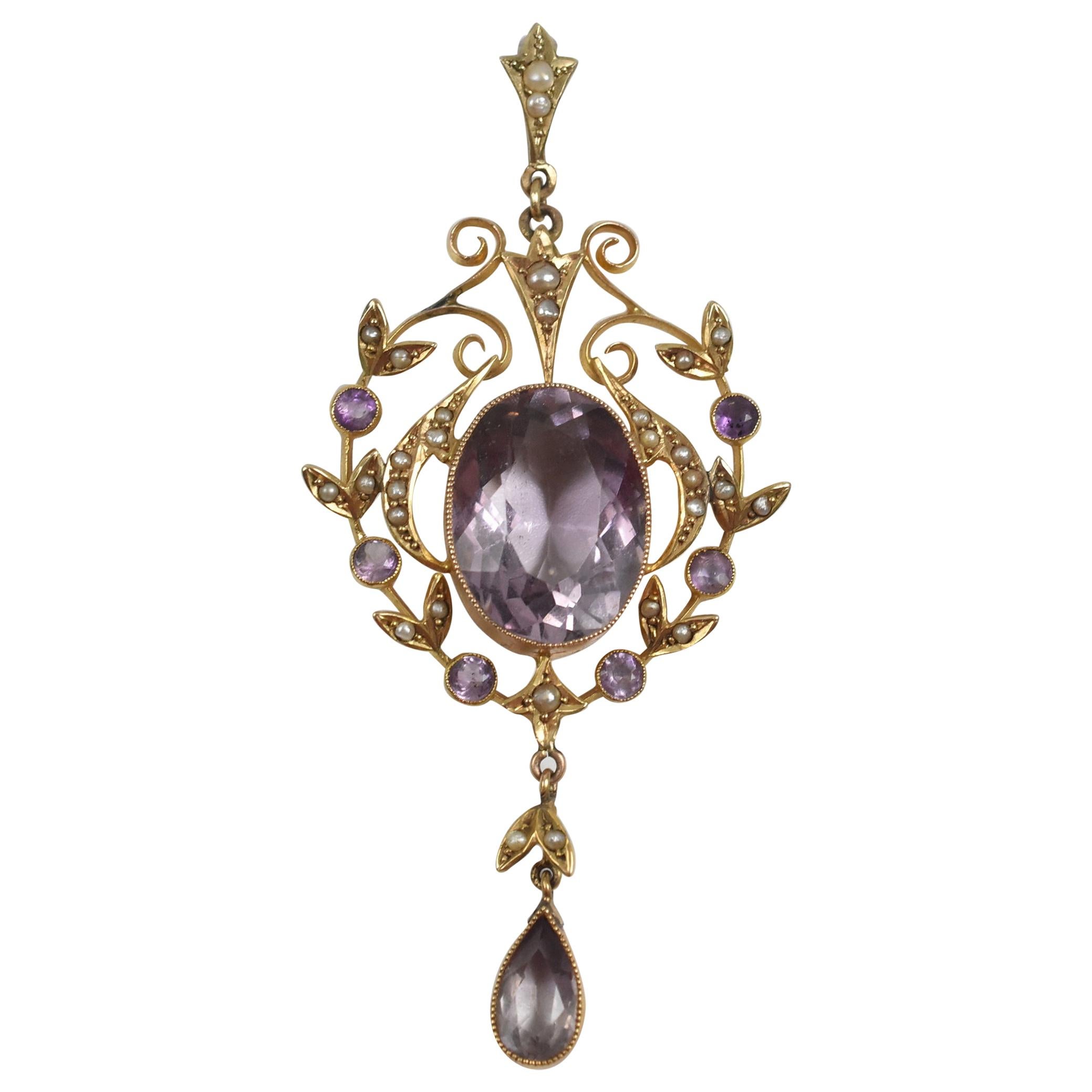 Edwardian Style 9-Karat & Amethyst with Seed Pearl Accents Drop Pendant JNW For Sale