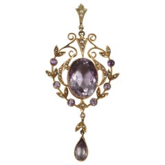 Edwardian Style 9-Karat & Amethyst with Seed Pearl Accents Drop Pendant JNW