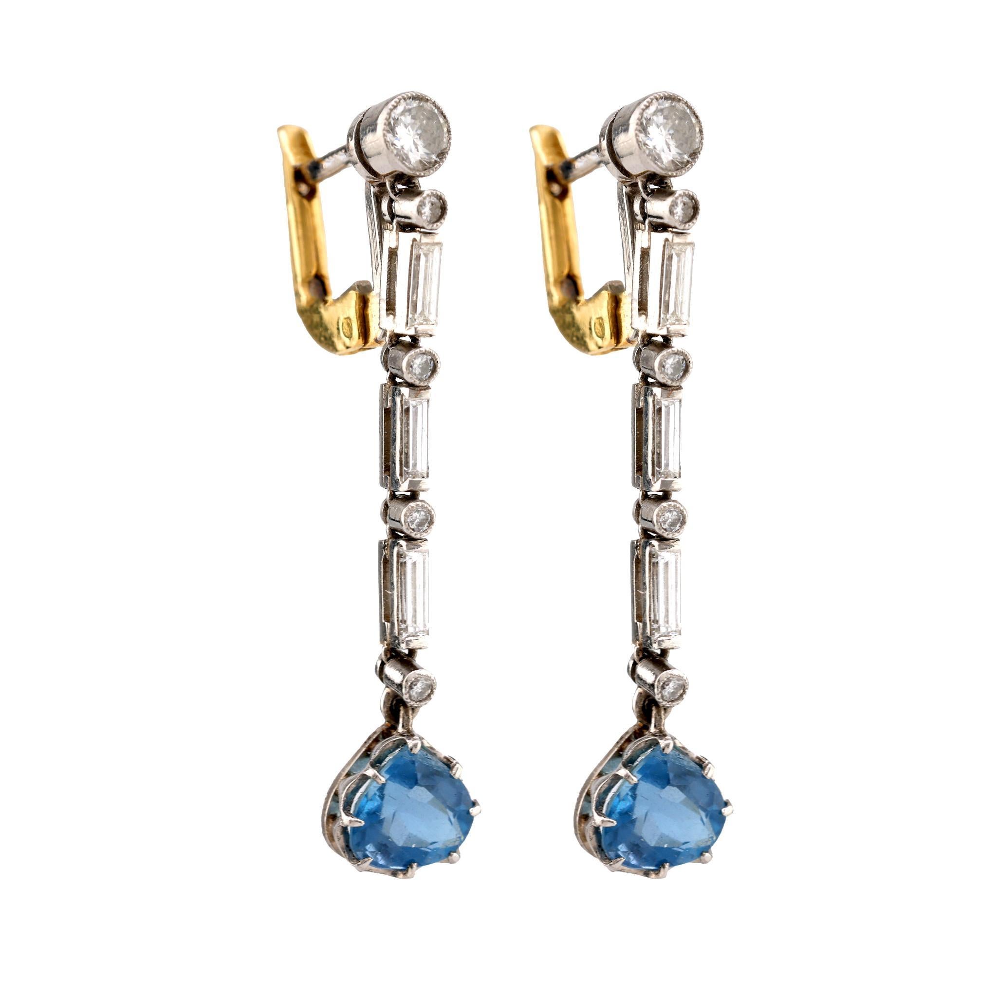 Edoardiano Orecchini a goccia in stile edoardiano con acquamarina e diamante in oro giallo bianco 18 carati in vendita