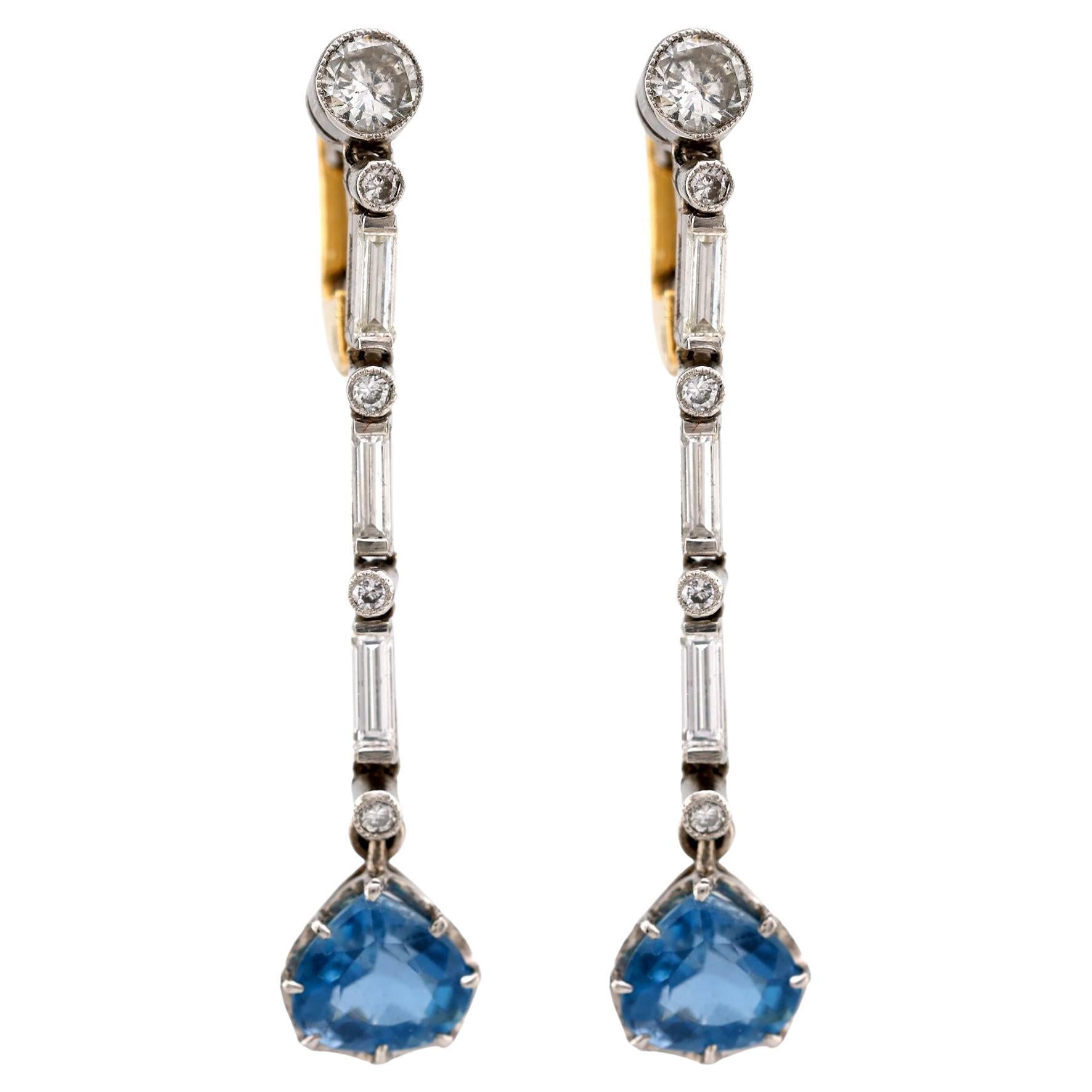 Edwardian Style Aquamarine Diamond 18K Yellow White Gold Drop Earrings