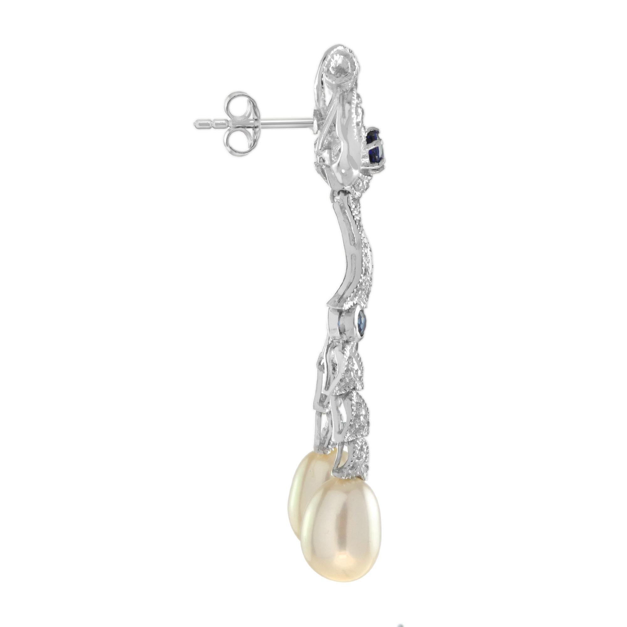 Ohrgehänge im edwardianischen Stil mit Schleife, Diamant und Saphir mit Perlen aus 14 Karat Gold (Edwardian) im Angebot