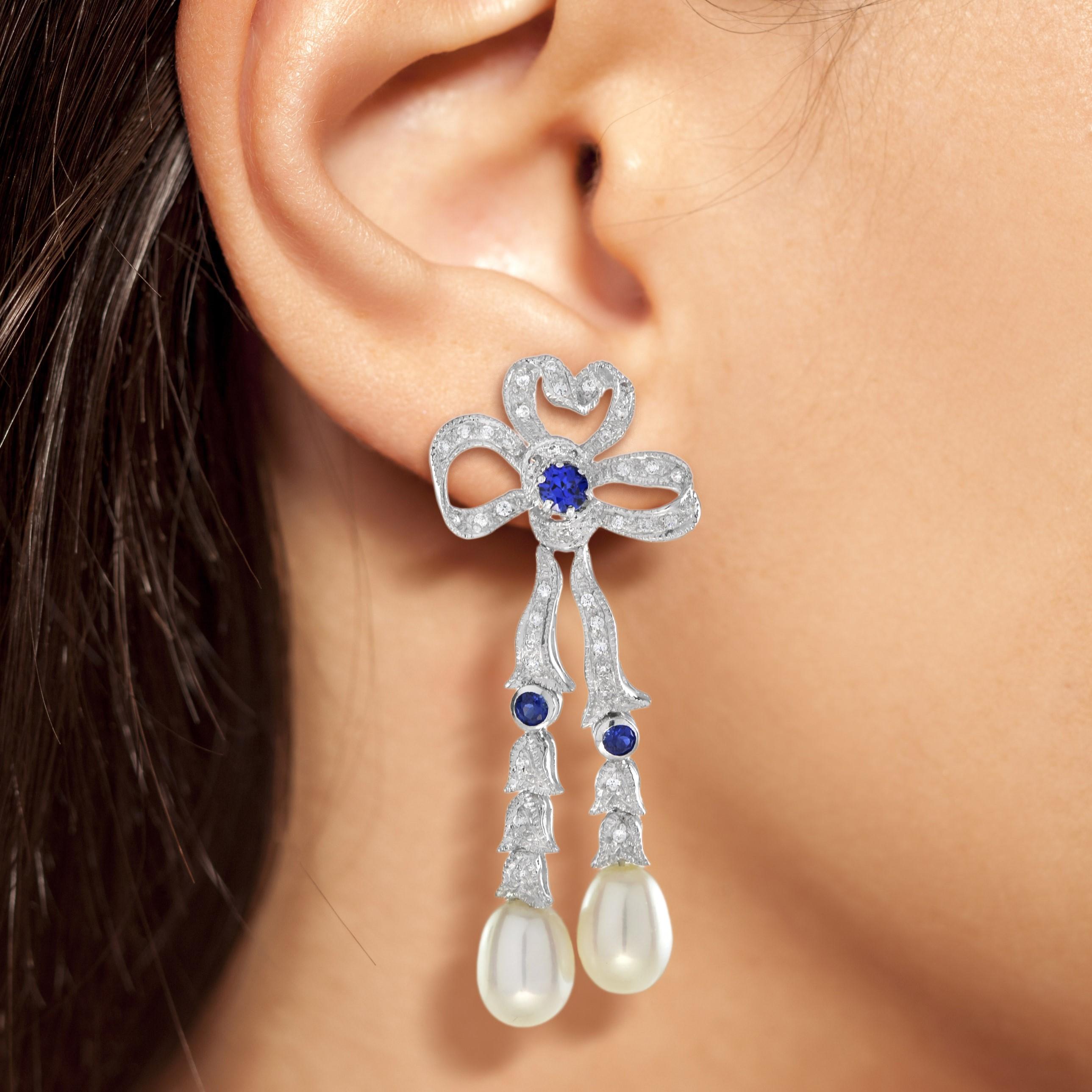 Ohrgehänge im edwardianischen Stil mit Schleife, Diamant und Saphir mit Perlen aus 14 Karat Gold 1