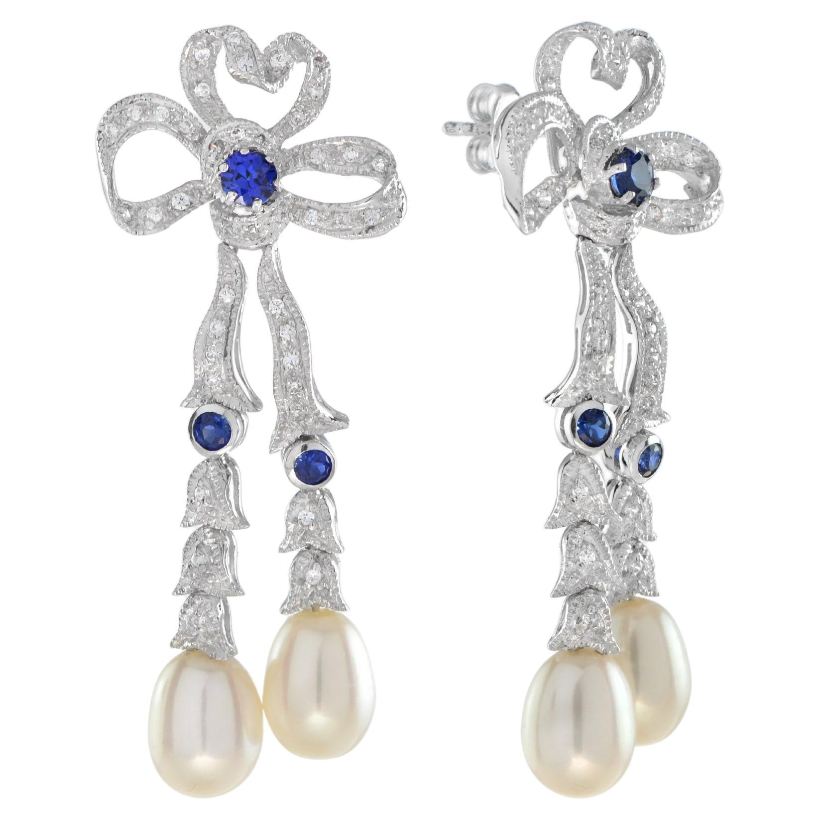 Edwardian Style Bow Diamond and Sapphire with Pearl Drop Earrings in 14K Gold For Sale