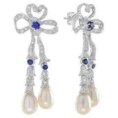 Edwardian Style Bow Diamond and Sapphire with Pearl Drop Earrings in 14K Gold