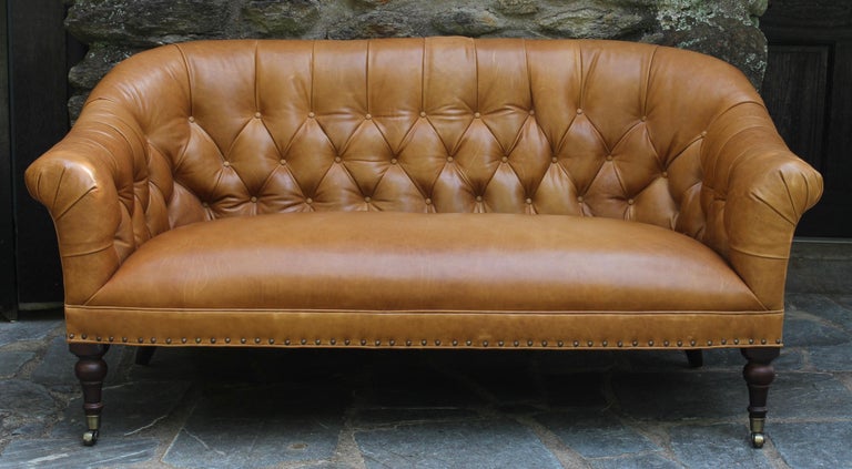 Edwardian Style Oned Back Leather Sofa At 1stdibs A Small Scale Edwardian Style Oned Back Sofa Upholstered In Supple Caramel Colored Leather
