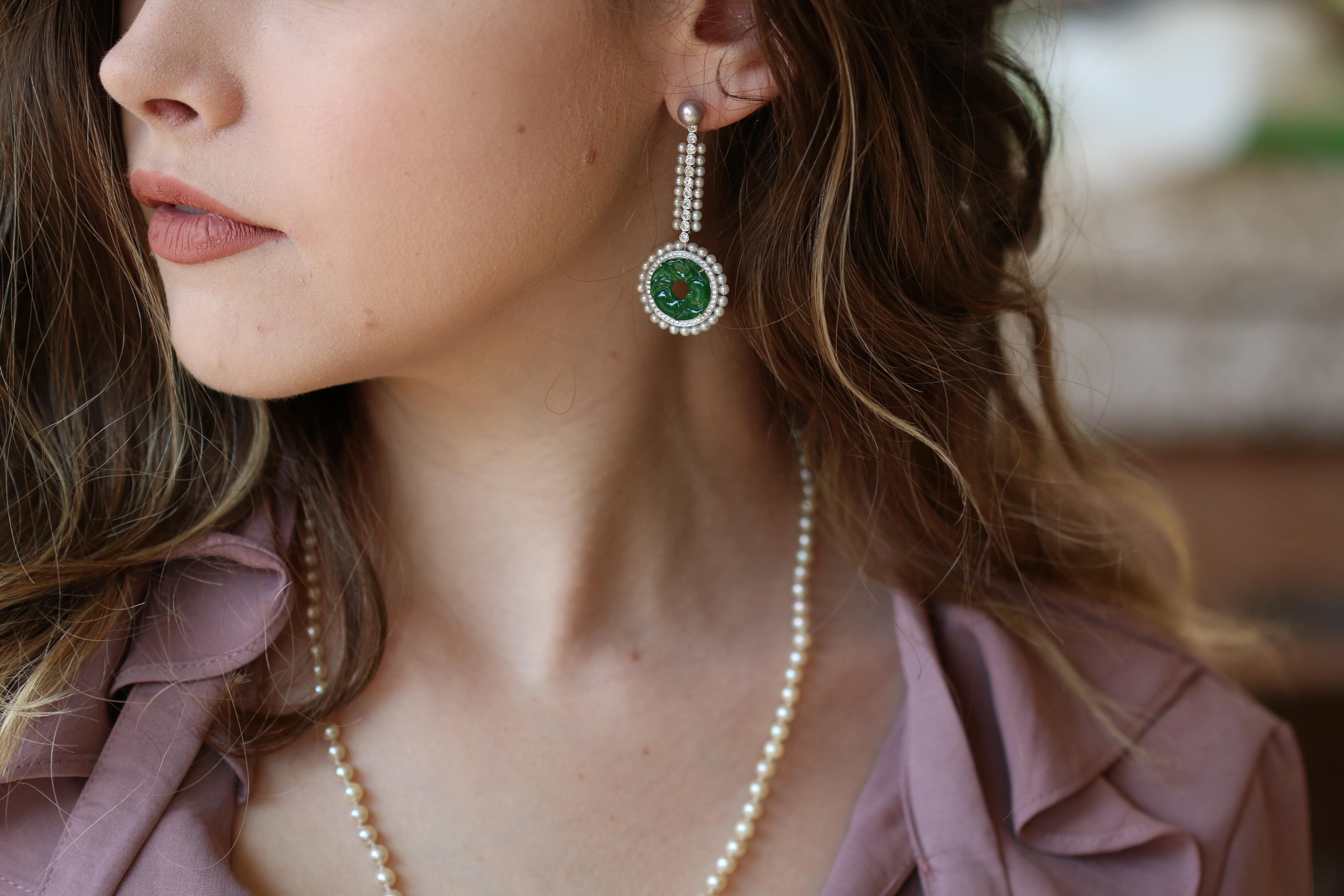 French Cut Edwardian Style Carved Jade, Natural Pearl and Diamond Drop Earrings