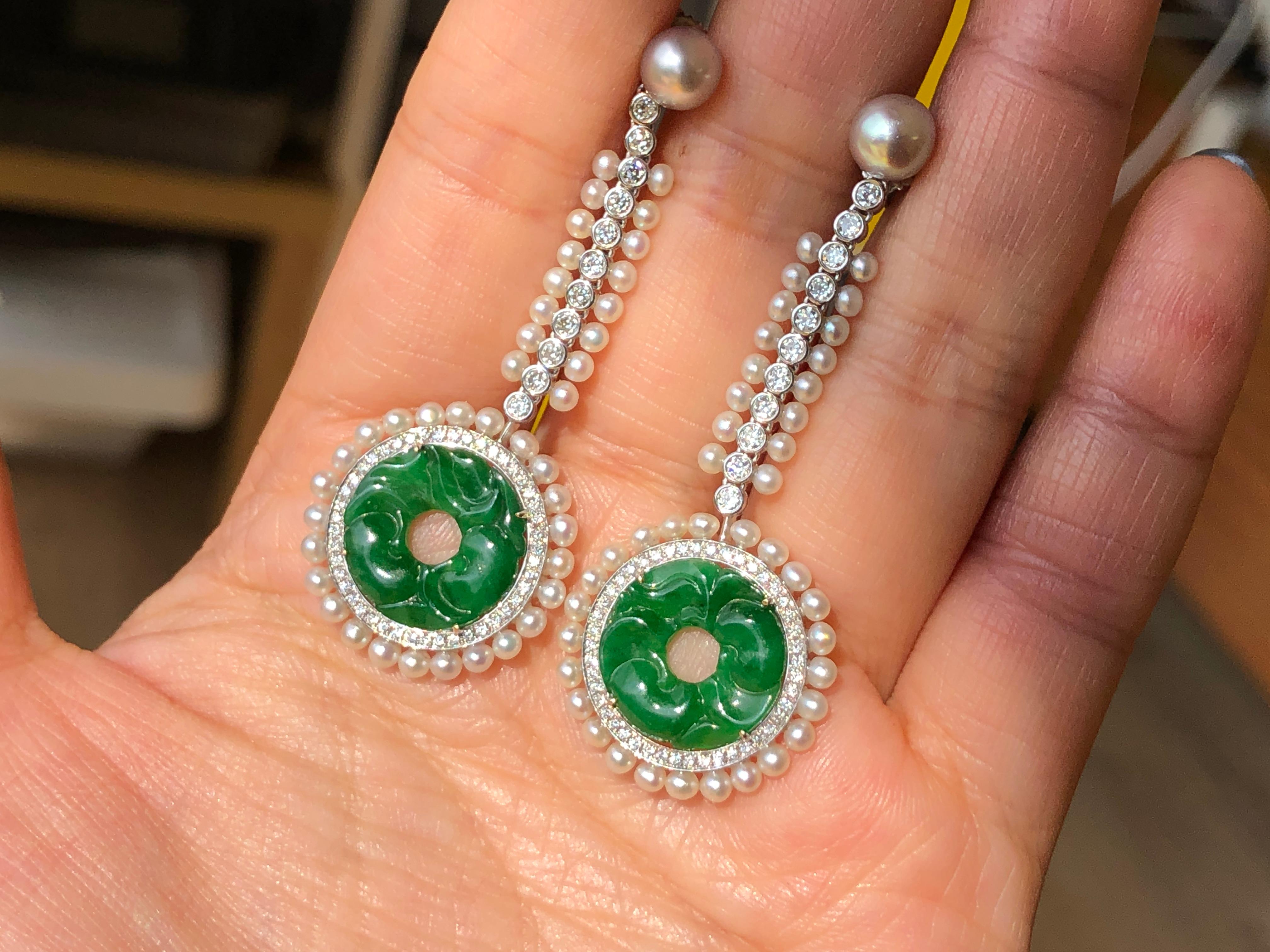 Edwardian Style Carved Jade, Natural Pearl and Diamond Drop Earrings In New Condition In Banbury, GB