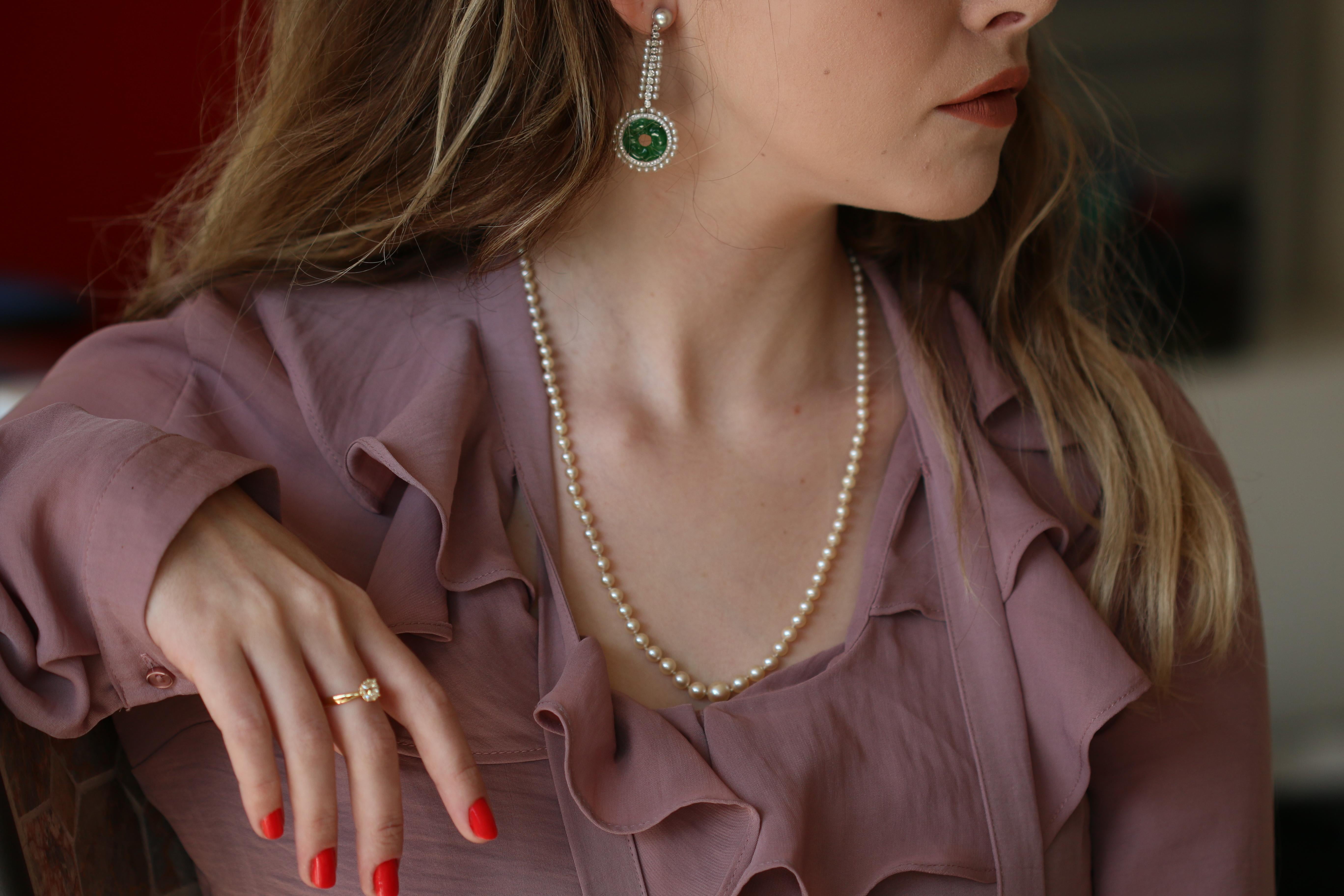 Women's or Men's Edwardian Style Carved Jade, Natural Pearl and Diamond Drop Earrings