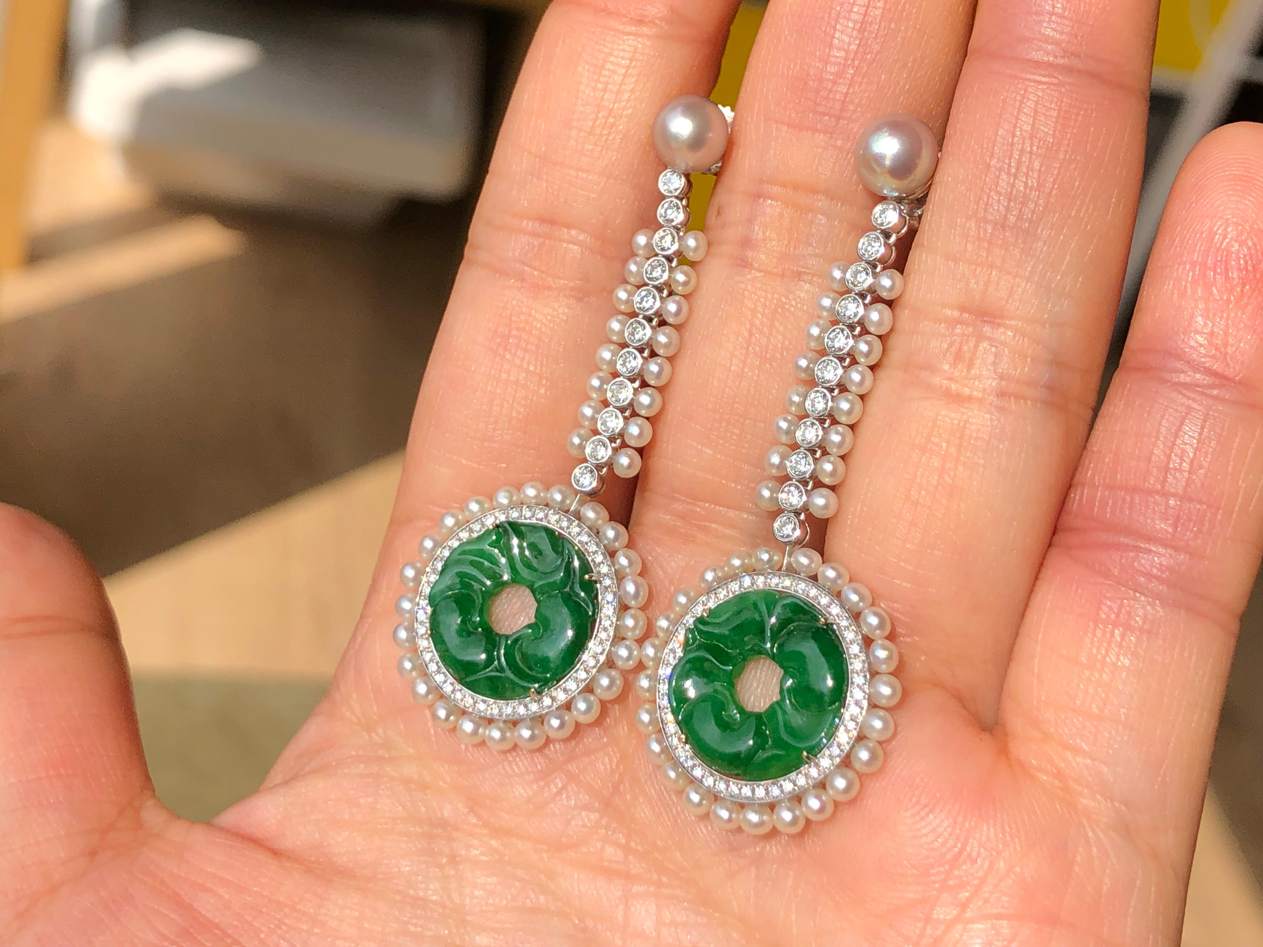 Edwardian Style Carved Jade, Natural Pearl and Diamond Drop Earrings 1