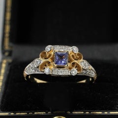 Edwardian Style Cornflower Blue Sapphire Diamond 14K Gold Filigree Ring L / 5.5
