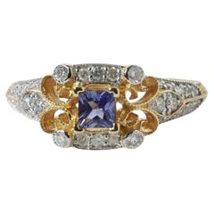 Edwardian Style Cornflower Blue Sapphire Diamond 14K Gold Filigree Ring L / 5.5