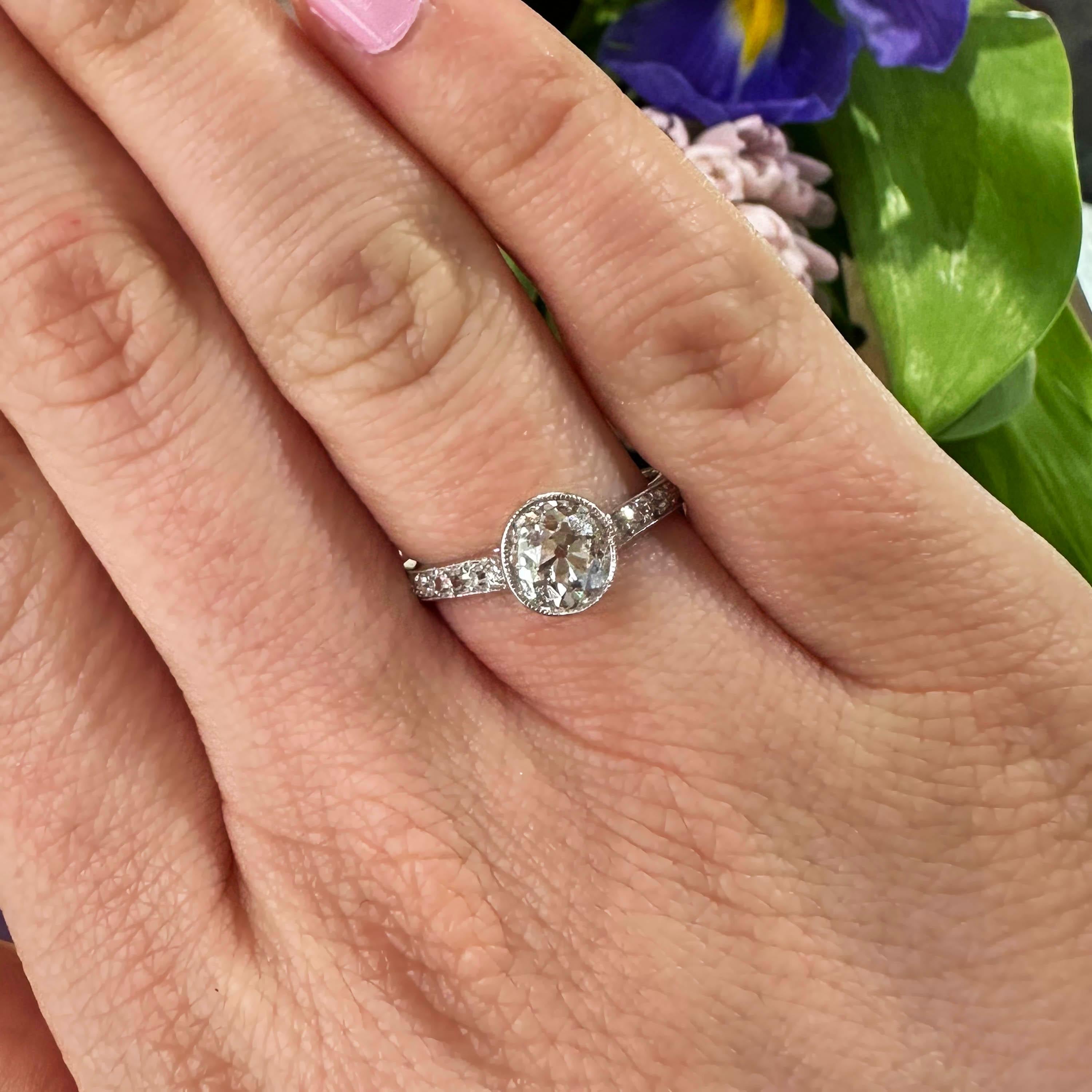 Women's Edwardian Style Cushion Cut Diamond and Platinum Ring, 1.20 Carats For Sale