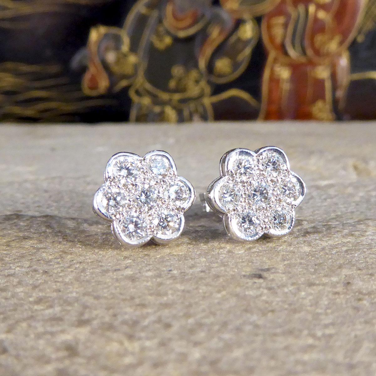 Round Cut Edwardian Style Daisy Cluster Diamond Earrings in 18 Carat White Gold For Sale