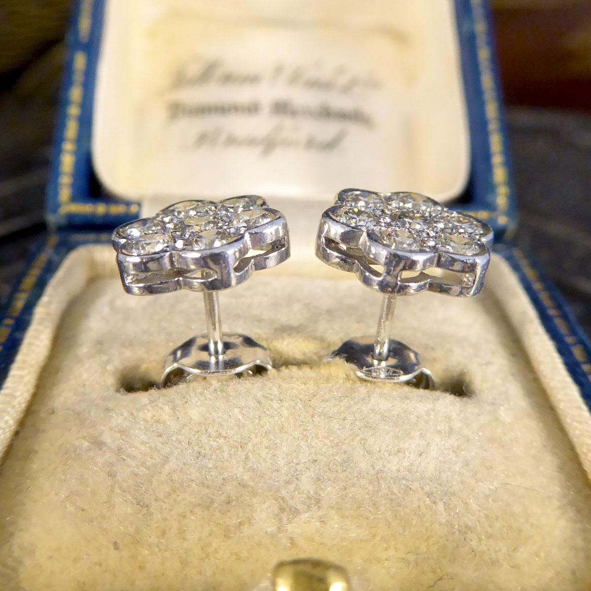 Edwardian Style Daisy Cluster Diamond Earrings in 18 Carat White Gold For Sale 4