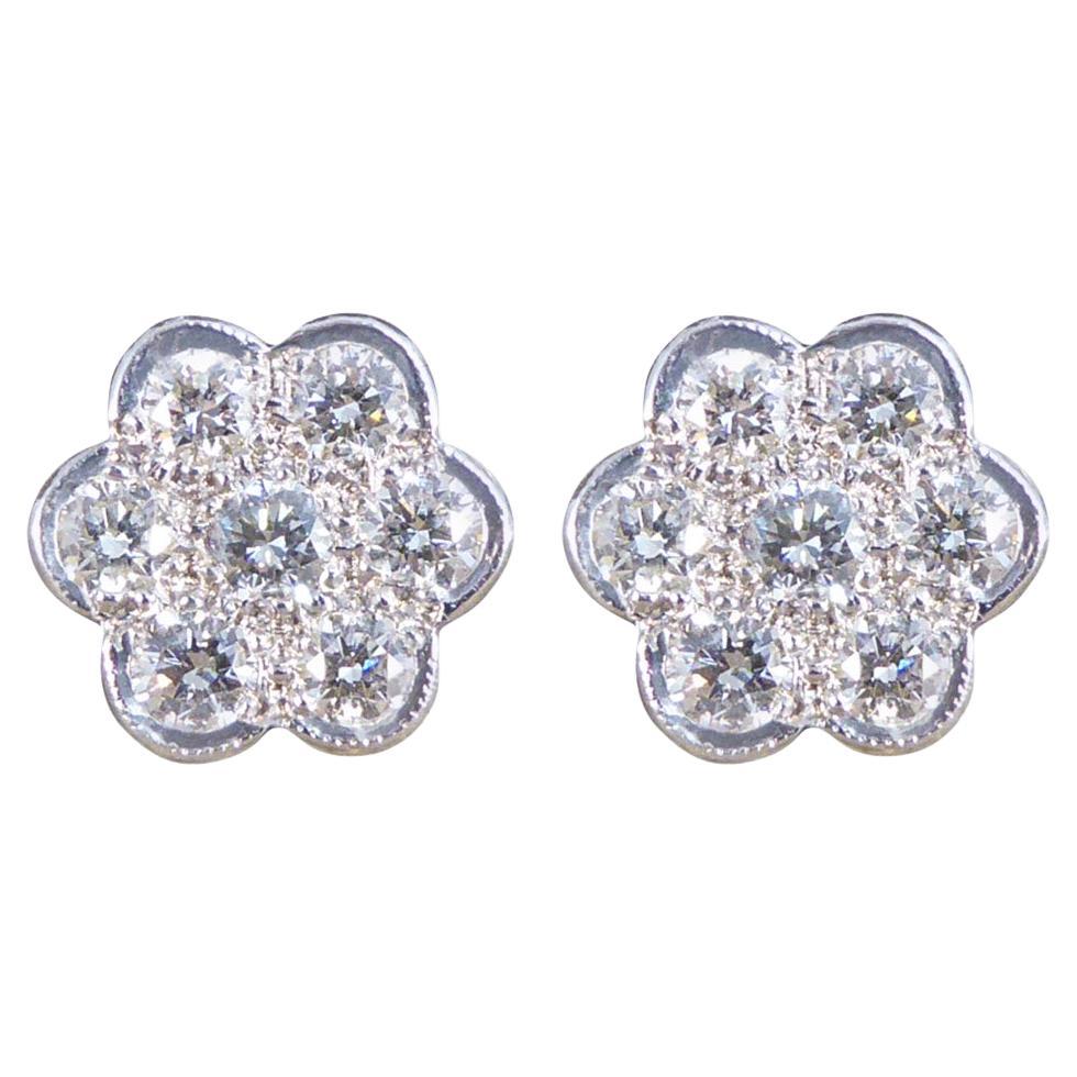 Edwardian Style Daisy Cluster Diamond Earrings in 18 Carat White Gold For Sale