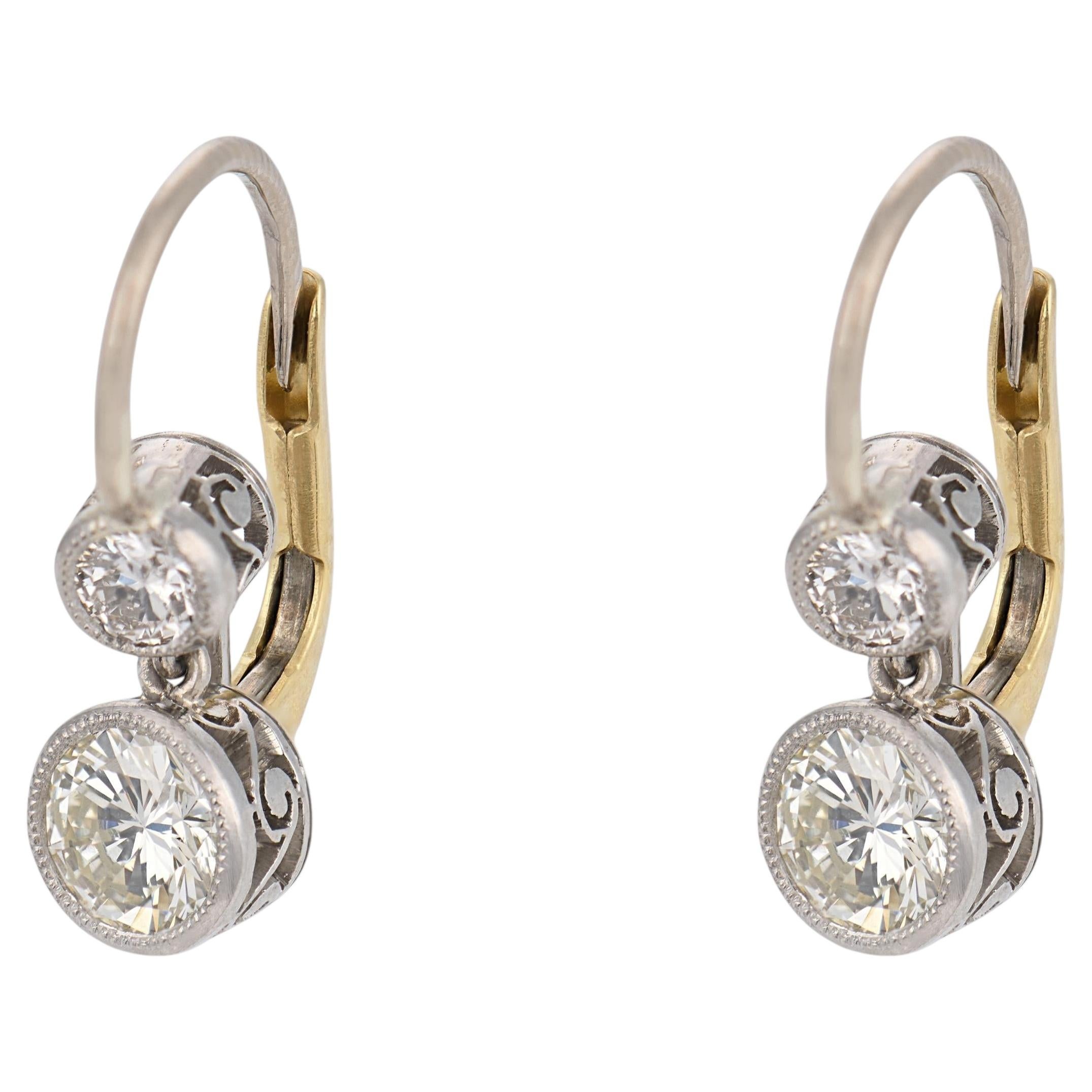 Edwardian style diamond 18k yellow gold drop earrings