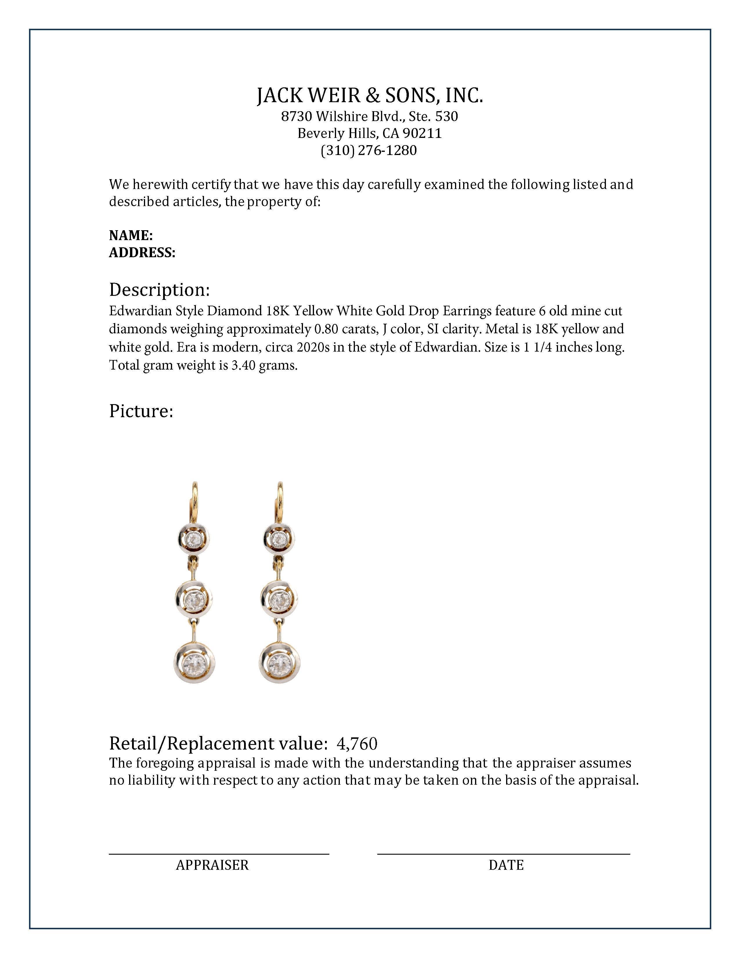 Diamant-Tropfenohrringe im edwardianischen Stil aus 18 K Gelbweißgold im Zustand „Hervorragend“ in Beverly Hills, CA