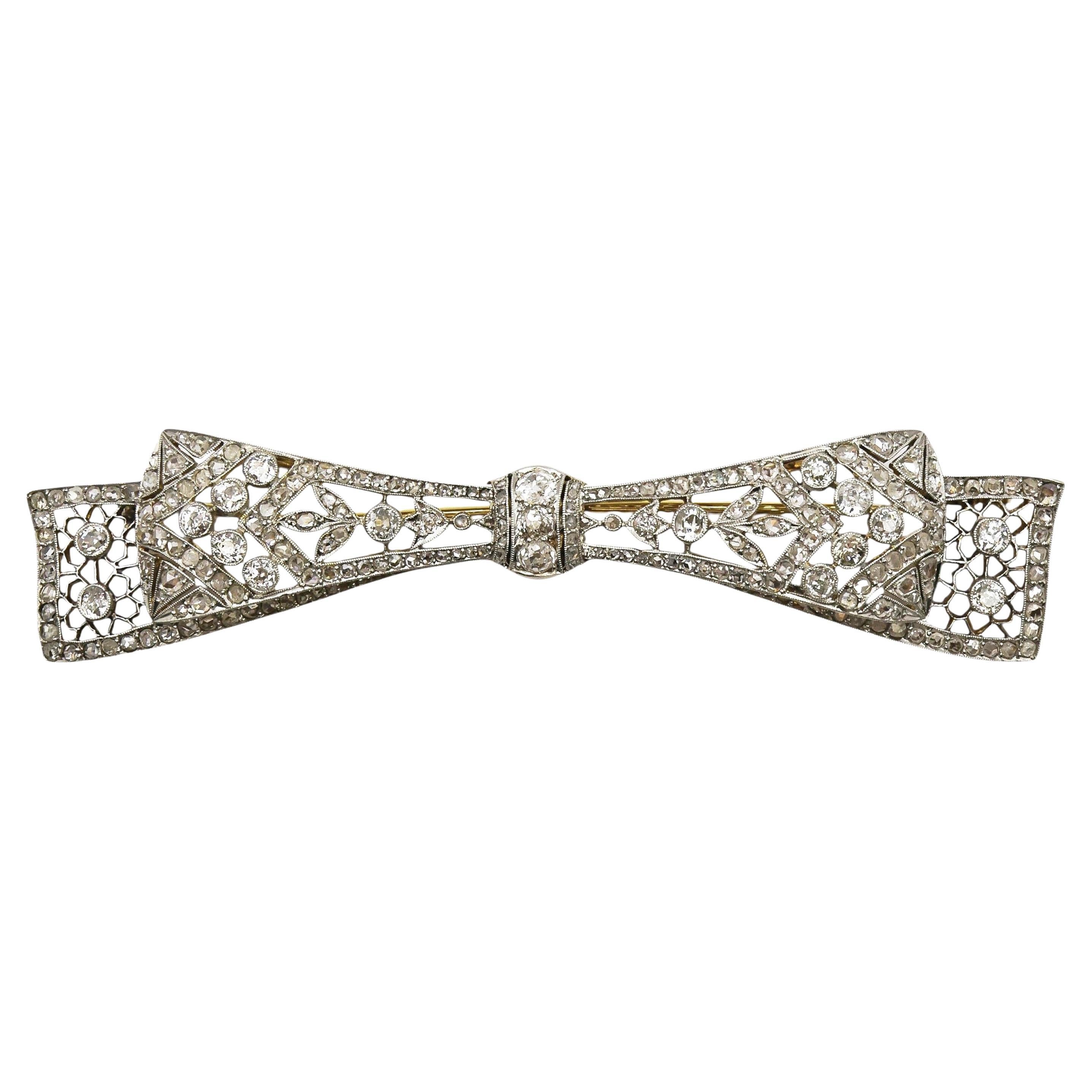 Edwardian Style Diamond and Silver Upon Gold Bow Brooch