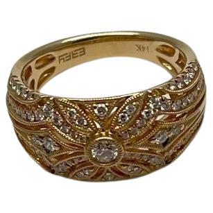 Edwardian Style Diamond Bezel Filigree 14K Yellow Gold Vintage Details Band Ring