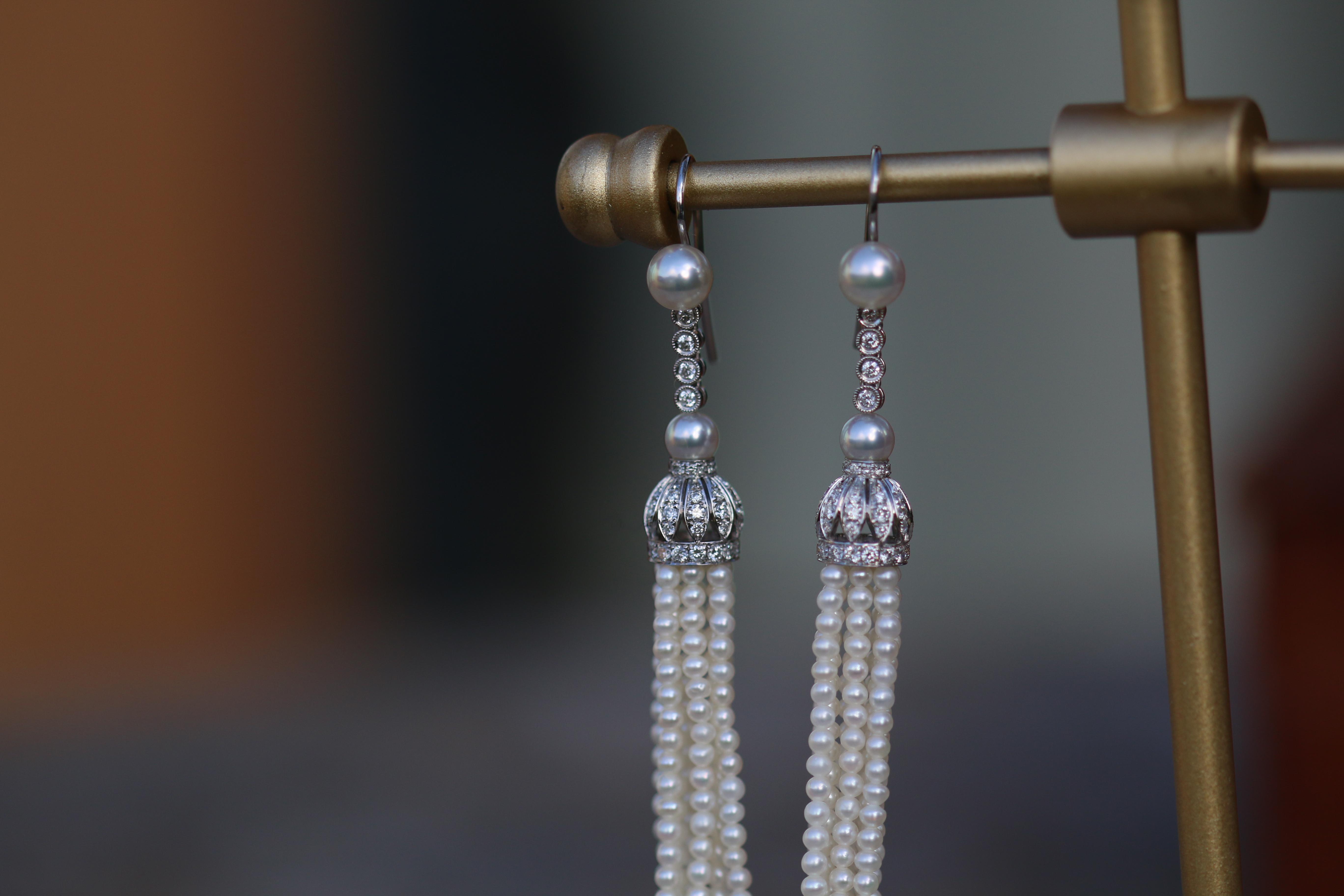Round Cut Edwardian Style Diamond and Pearl Tassel 18 Karat White Gold Earrings