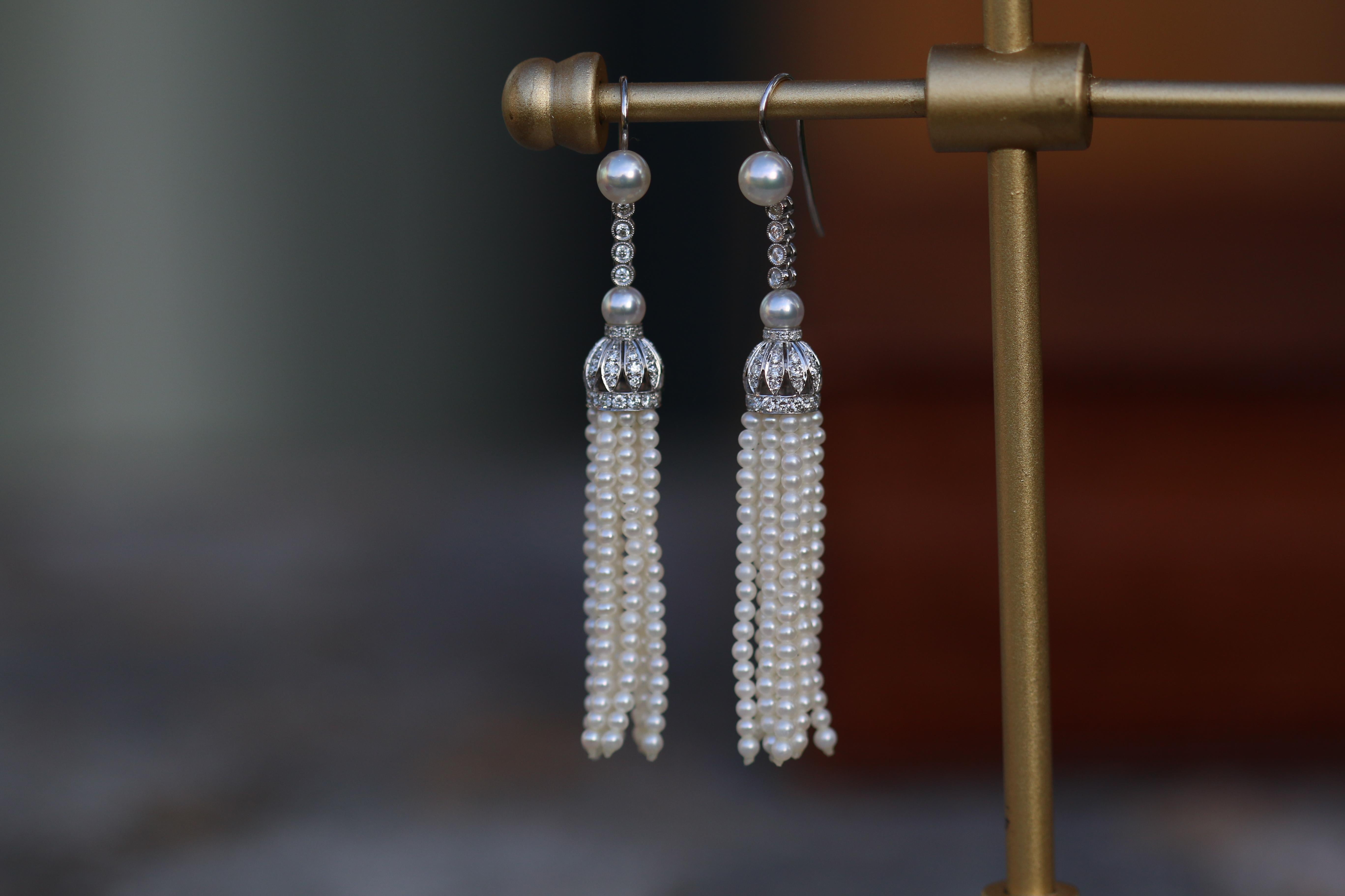 Edwardian Style Diamond and Pearl Tassel 18 Karat White Gold Earrings In New Condition In Banbury, GB