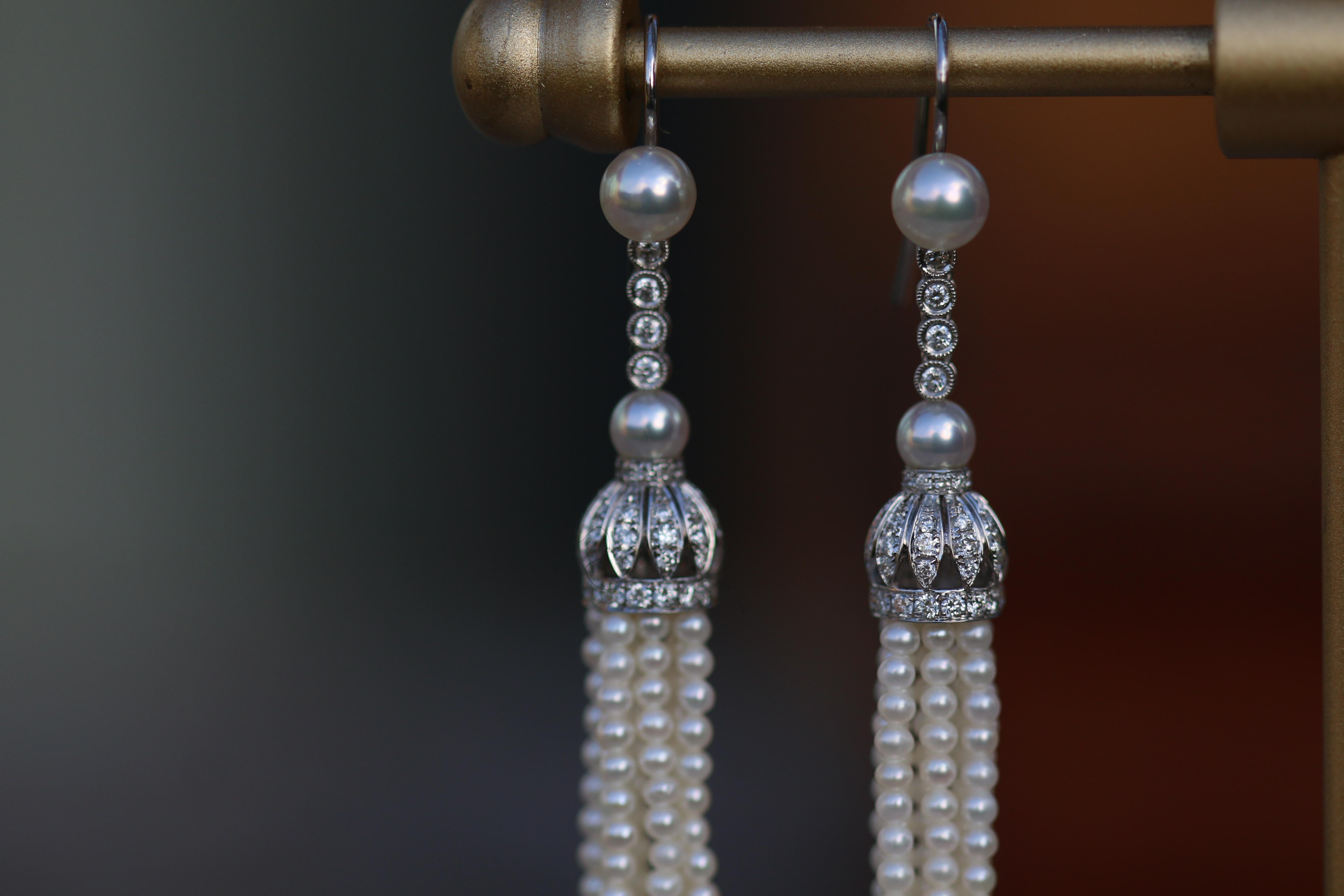 Women's Edwardian Style Diamond and Pearl Tassel 18 Karat White Gold Earrings