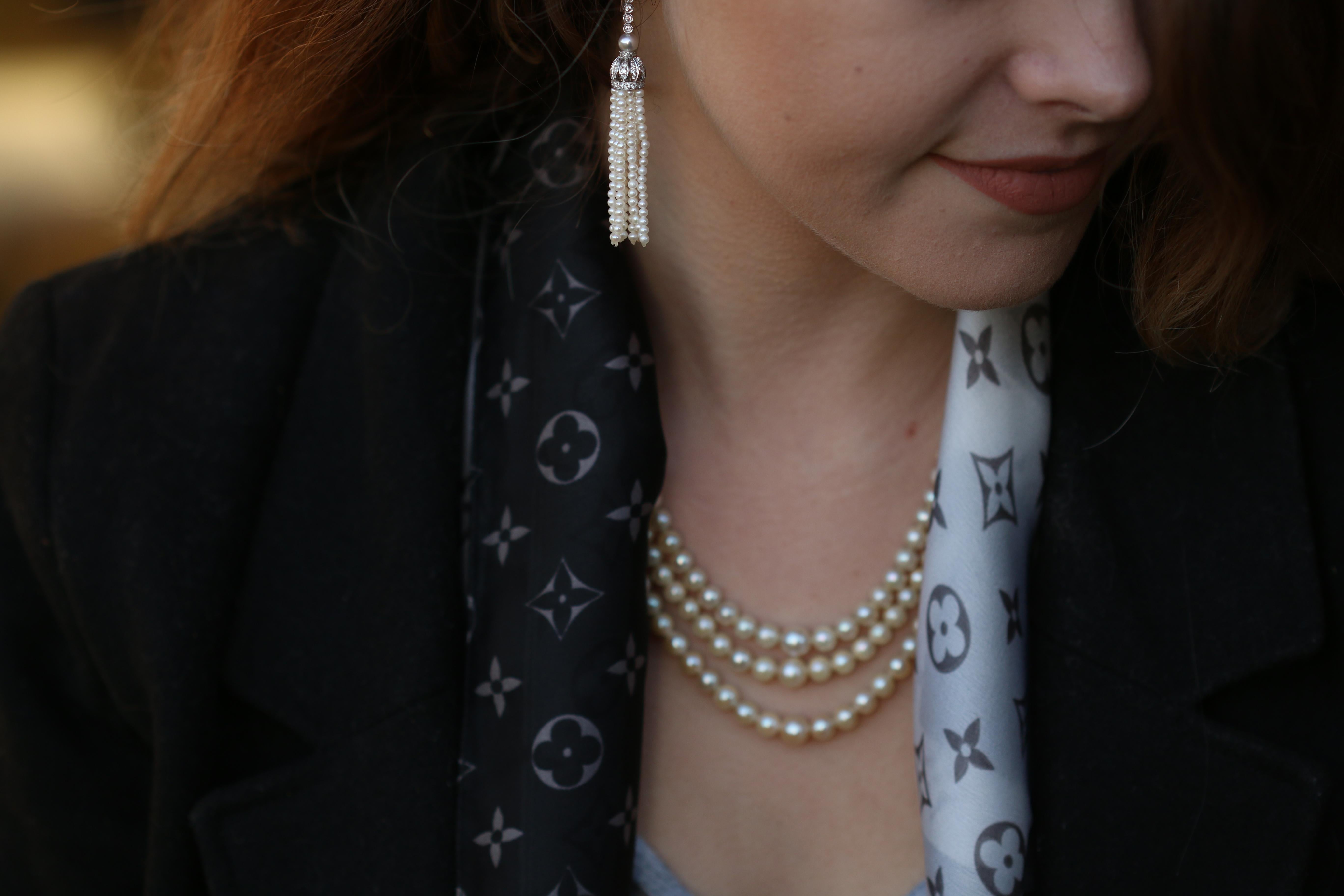 Edwardian Style Diamond and Pearl Tassel 18 Karat White Gold Earrings 1