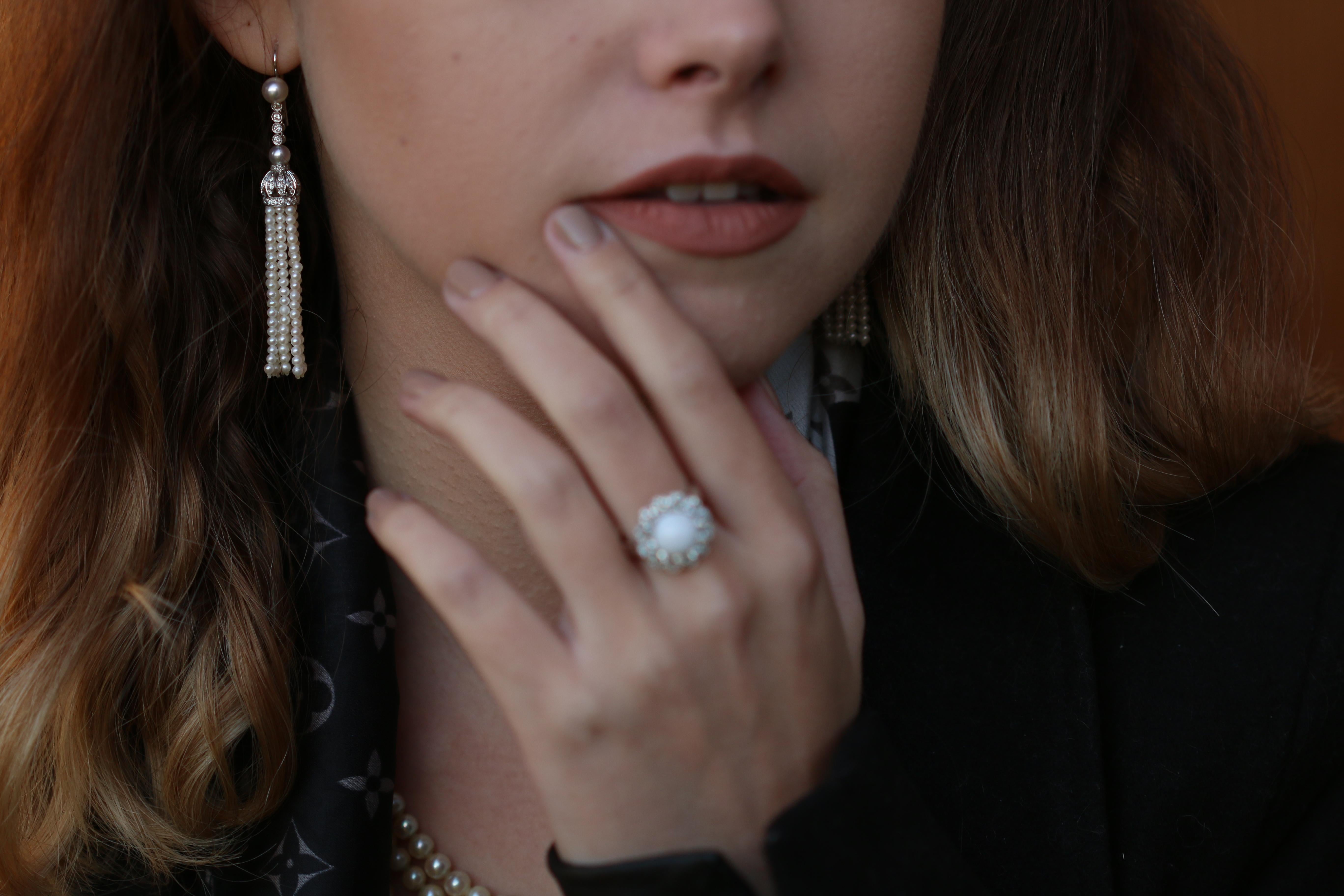 Edwardian Style Diamond and Pearl Tassel 18 Karat White Gold Earrings 2