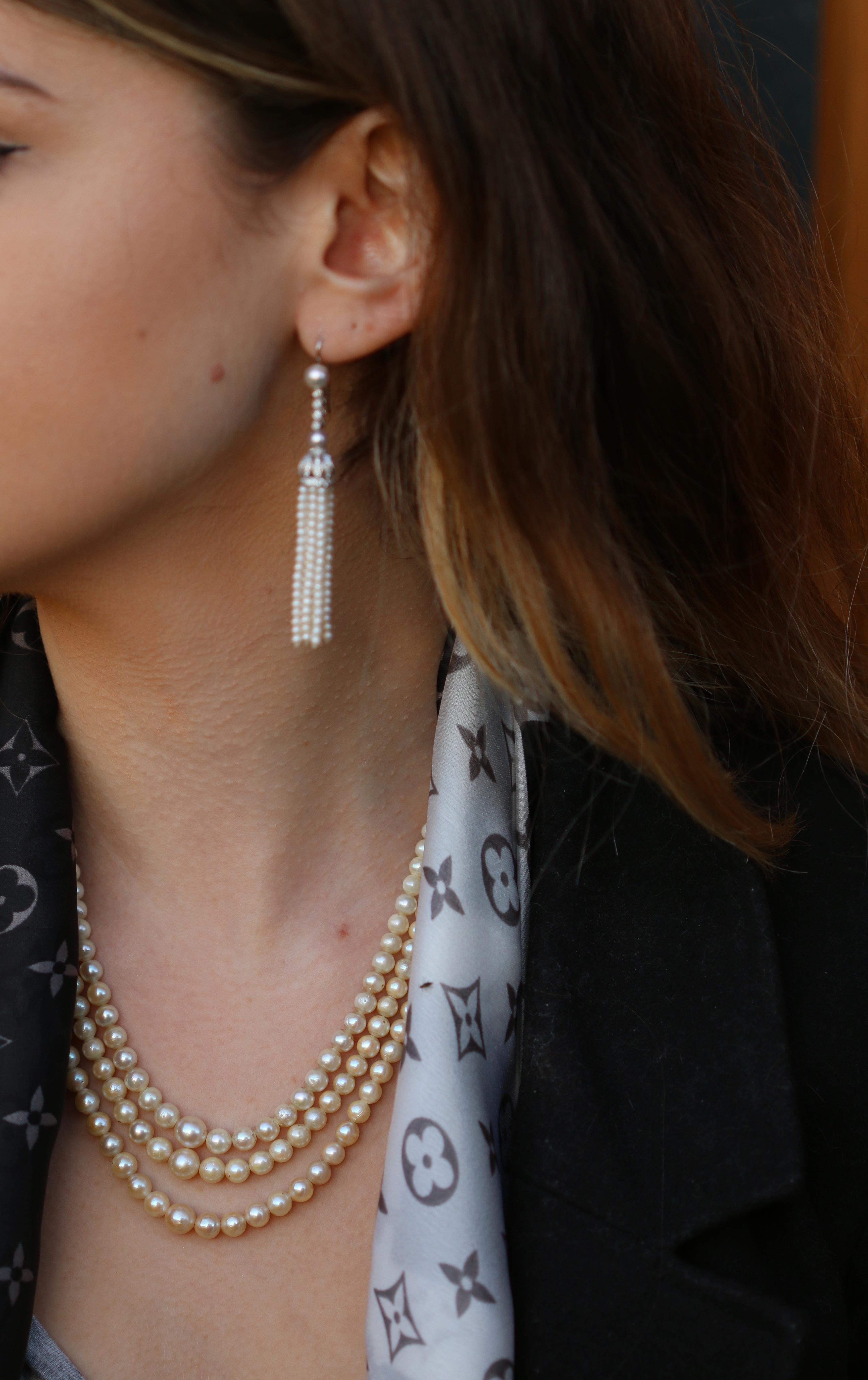 Edwardian Style Diamond and Pearl Tassel 18 Karat White Gold Earrings 3