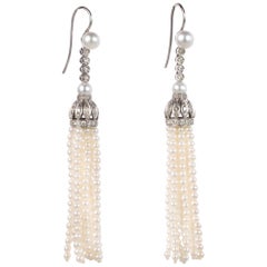 Edwardian Style Diamond and Pearl Tassel 18 Karat White Gold Earrings