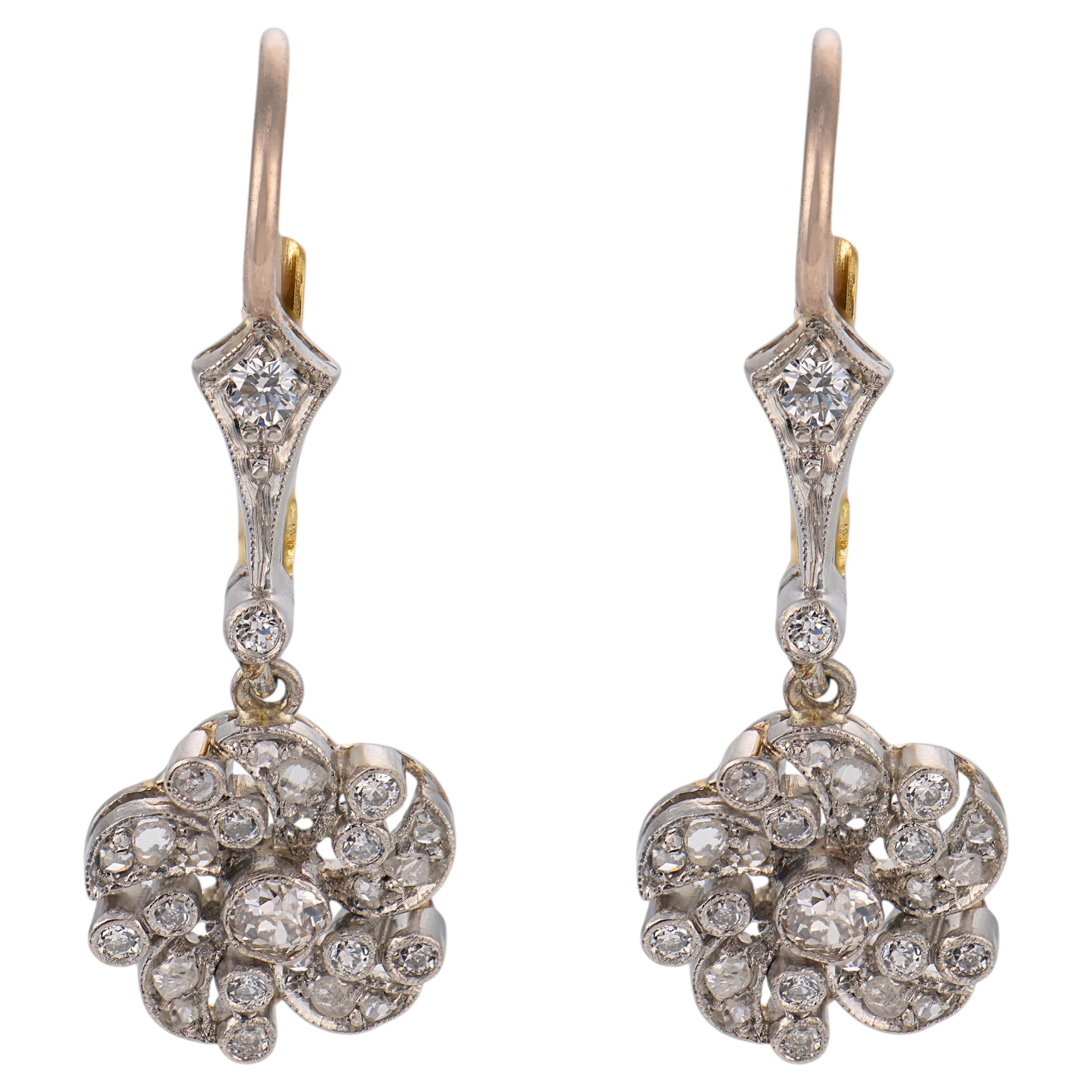 Pendientes largos de platino con diamantes de estilo eduardiano